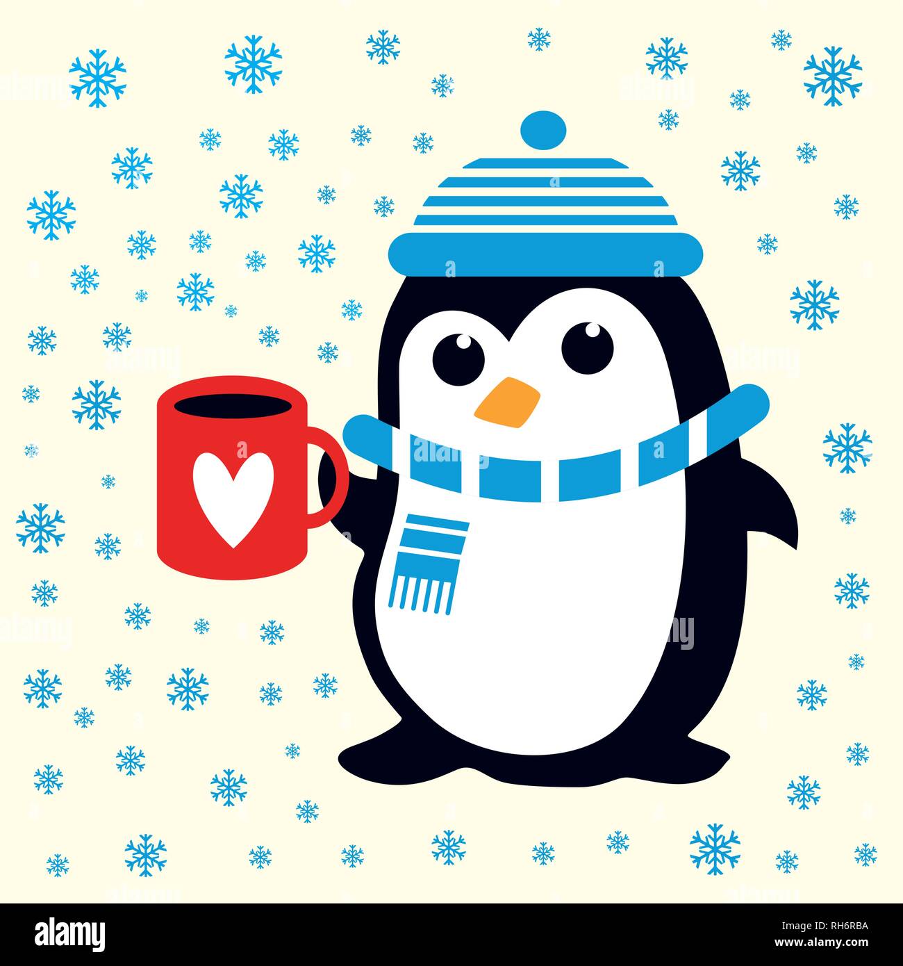 Funny cute Penguin in blauen Hut und Schal mit roter Schale mit Herz. Für Weihnachten Stoff, Tapeten, Geschenkverpackung. Stock Vektor