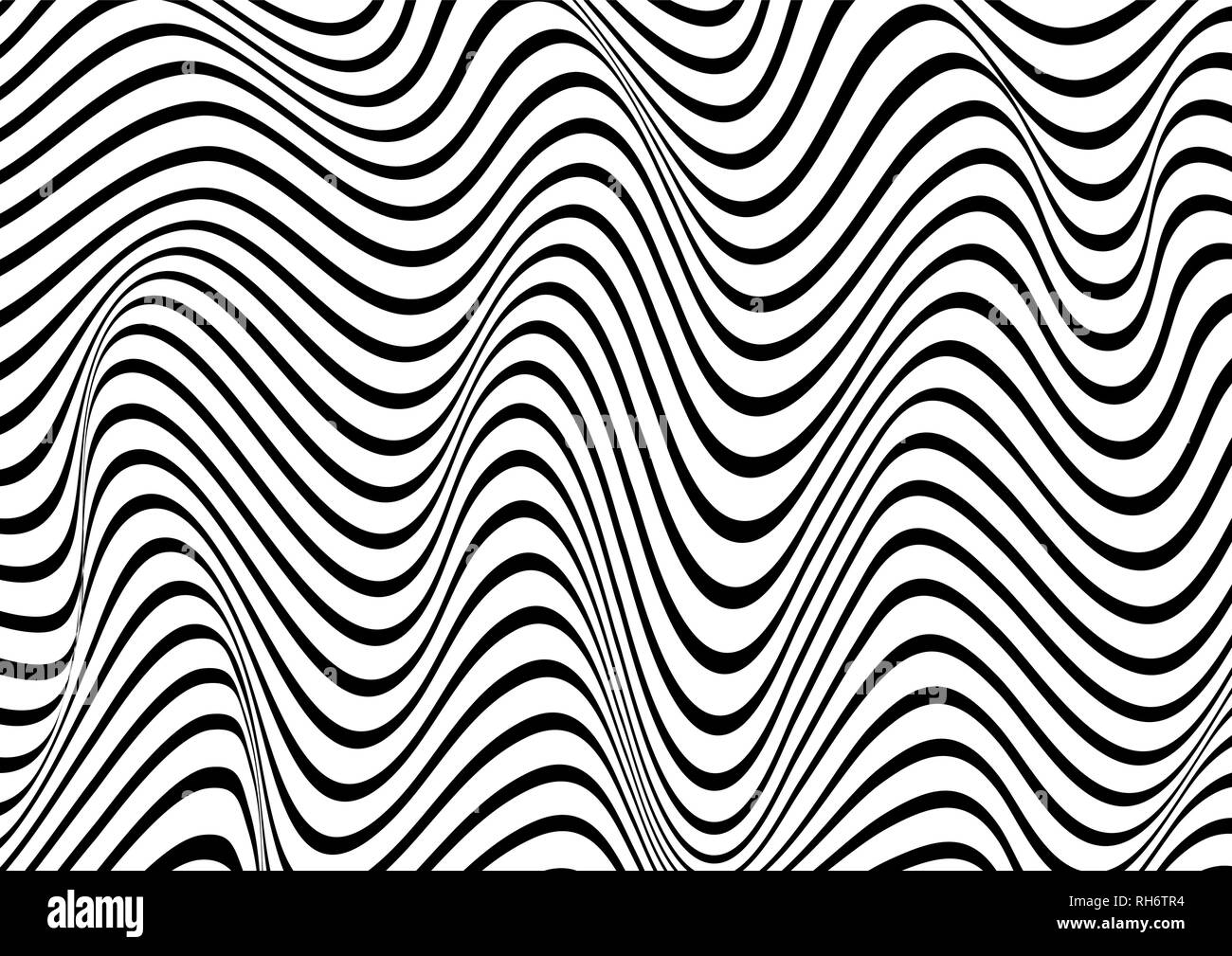 Abstrakte horizontal gewellt geometrische Muster. Vektor Textur mit schwarzen und weißen Wellen, streifen. Dynamische 3D-Effekt, die Illusion von Bewegung. Stock Vektor