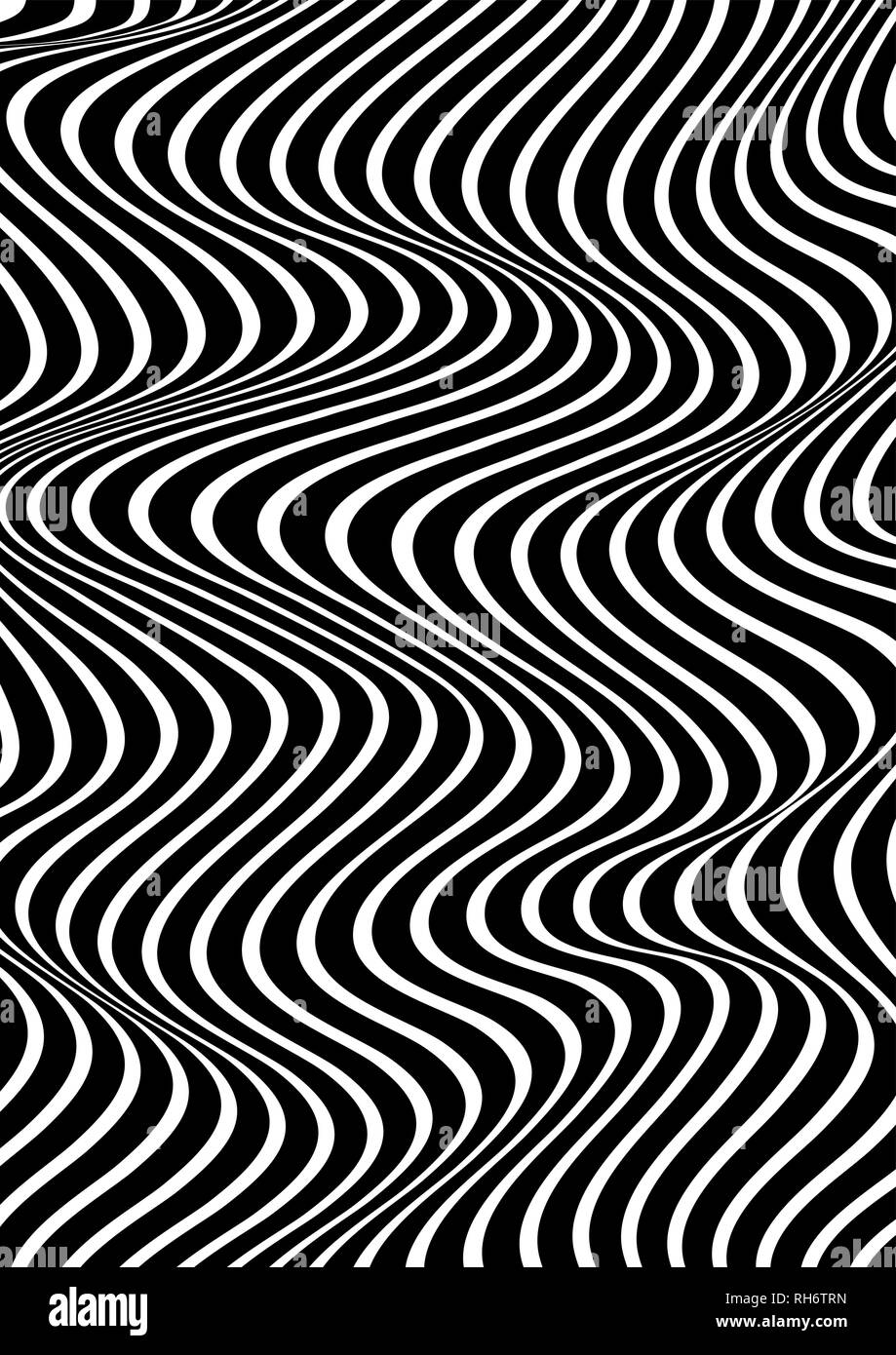 Abstrakte vertikale Wellig geometrische Muster. Vektor Textur mit schwarzen und weißen Wellen, streifen. Dynamische 3D-Effekt, die Illusion von Bewegung. Stock Vektor