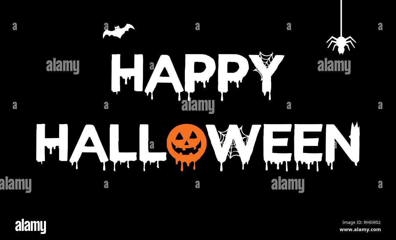 Vektor Plakat mit der Art des Happy Halloween, Kürbis, Fledermaus, Spinne und Web auf schwarzem Hintergrund. Für Banner, Grußkarte, Party Einladung. Stock Vektor