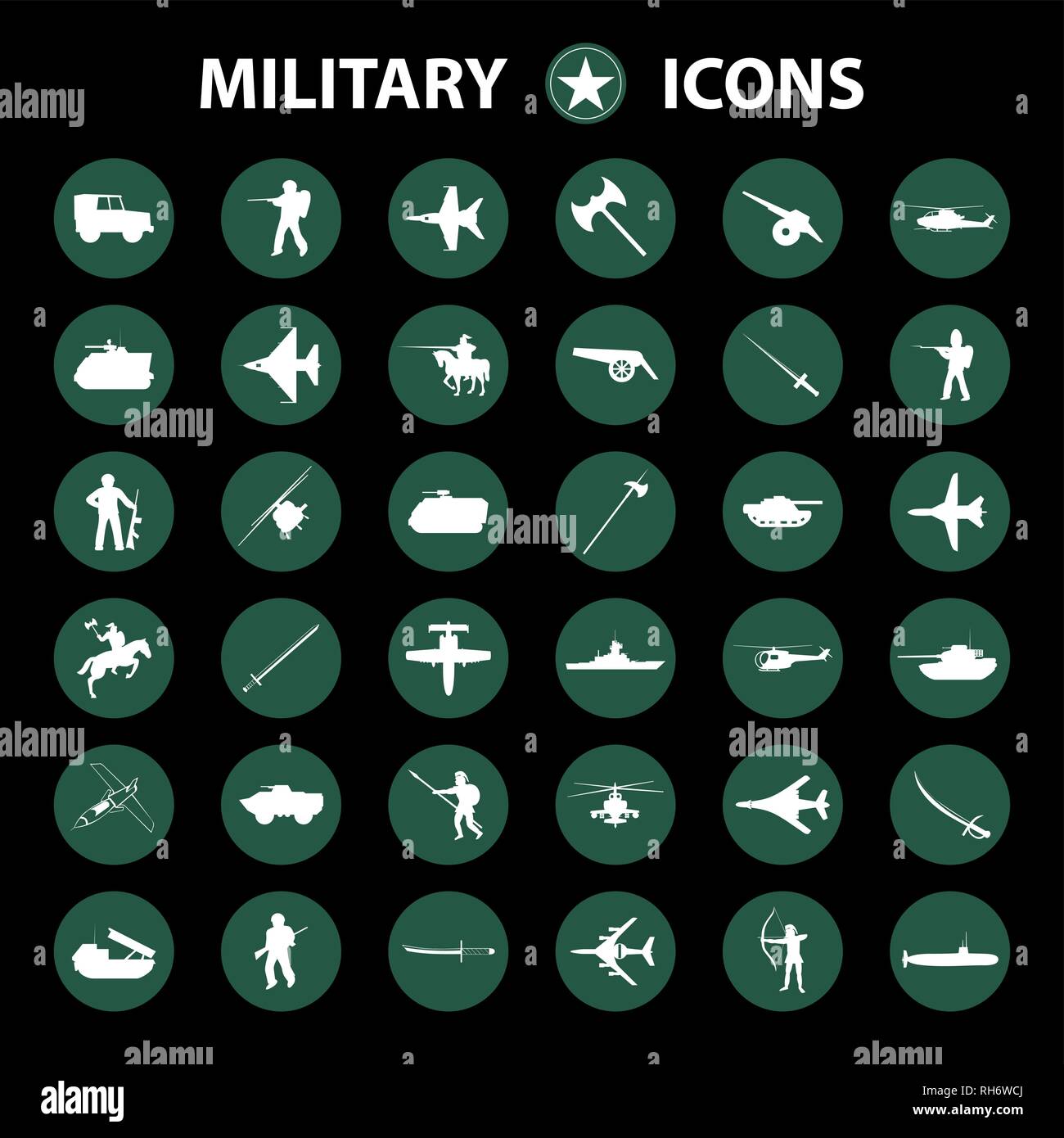 Krieg Belastung Symbole gesetzt. Einfache Satz von 36 Zubehör Vector Icons für Web auf grünen Kreis isoliert. Schwarzer Hintergrund Stock Vektor