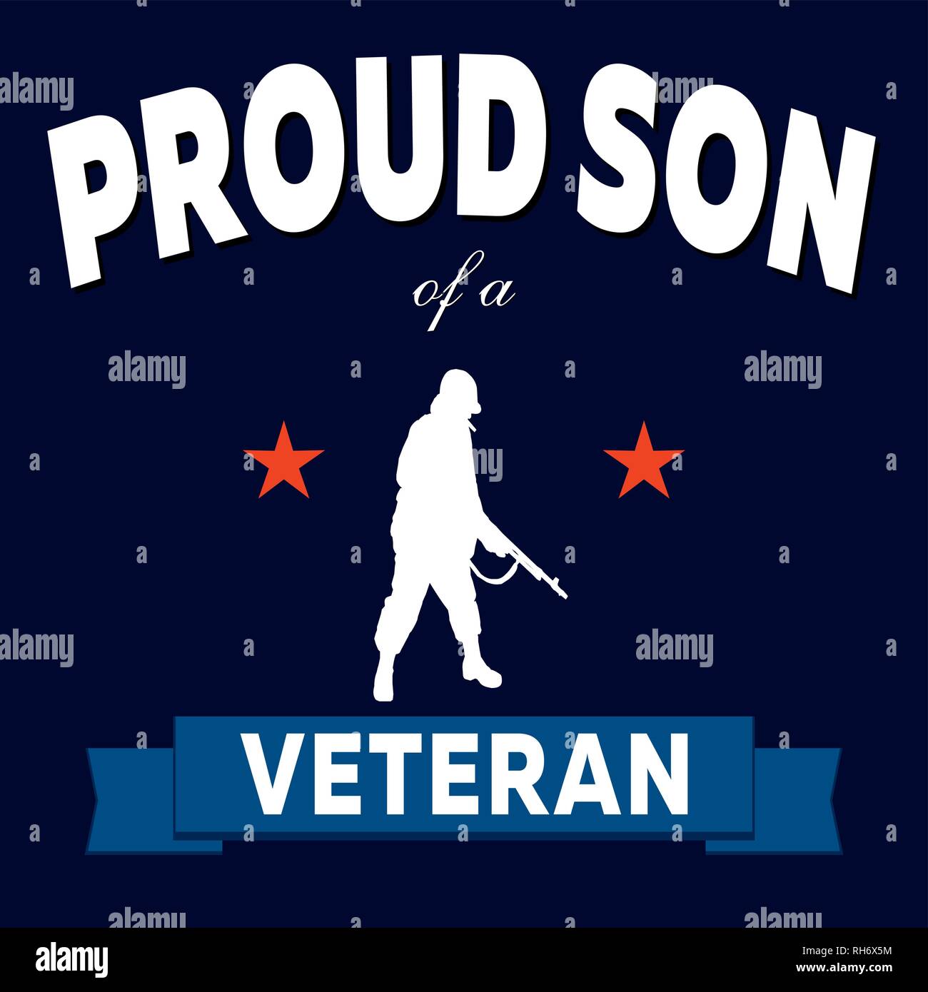 Veteran Tag Plakat. Soldat mit Gewehr, zwei patriotischen Alte rote Sterne, "stolzer Sohn von Text ein Veteran" und Dunkelblau militärischen Hintergrund Stock Vektor