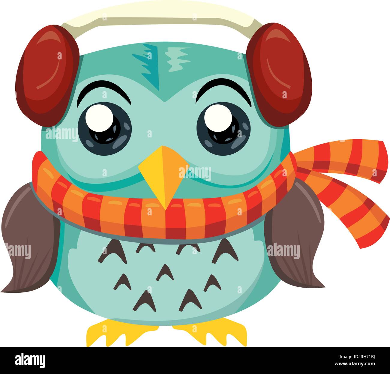 Vector Illustration von funny cute Eule in Kopfhörer. Weihnachten, blau, glücklich Stock Vektor