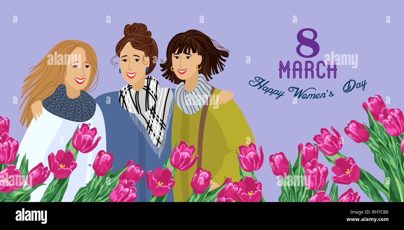 8. März. Drei Frauen mit roten Blumen Tulpen. Vektor horizontale Vorlagen für Karte, Plakat, Flyer und andere Benutzer Stock Vektor