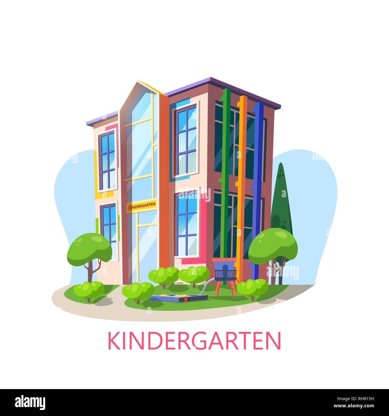 Gebäude der Kindergarten mit Spielplatz, Kindergarten Stock Vektor