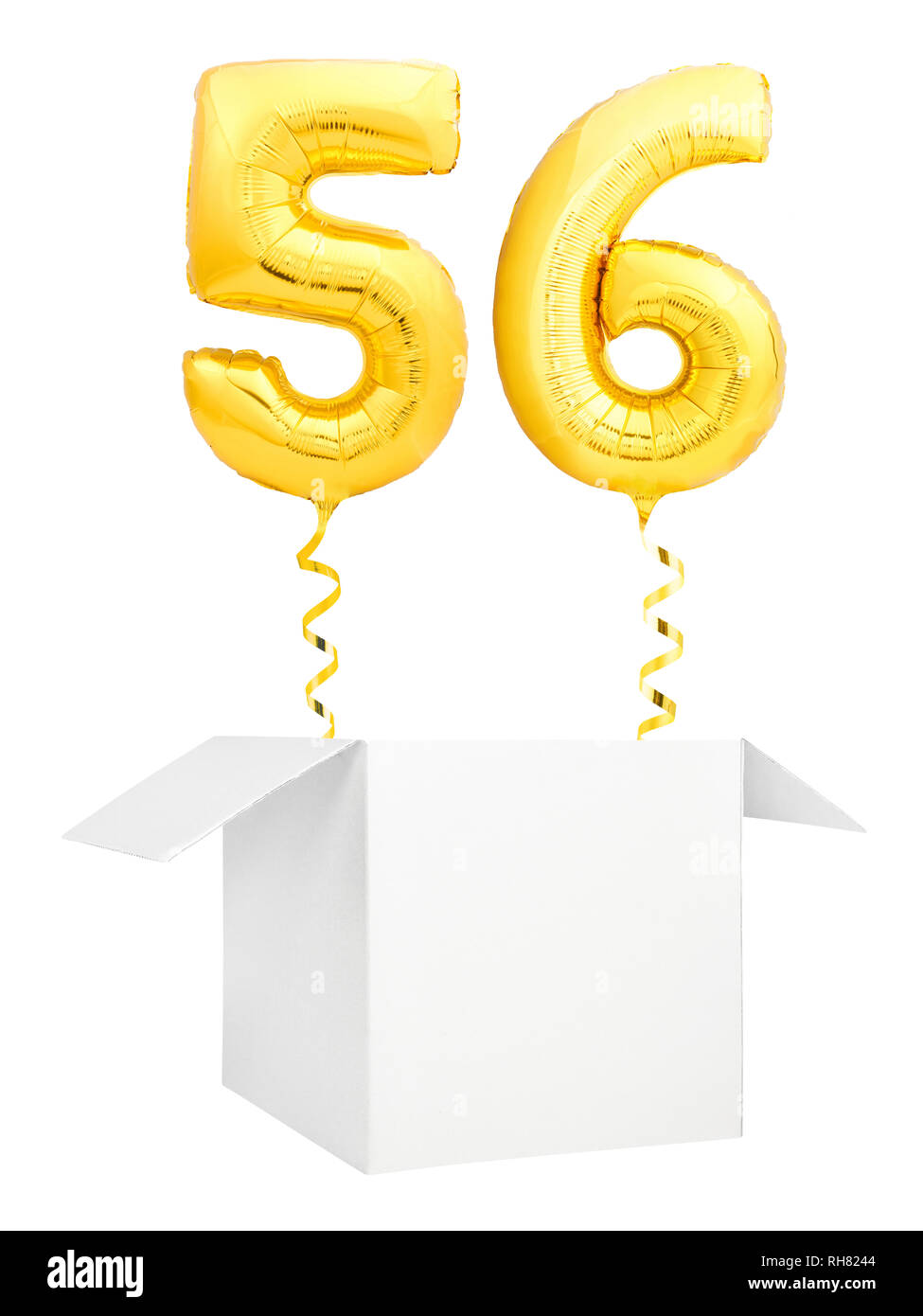 Goldene Zahl 50 sechs aufblasbaren Ballon mit Goldband fliegen aus leeren weißen Kasten auf weißem Hintergrund Stockfoto