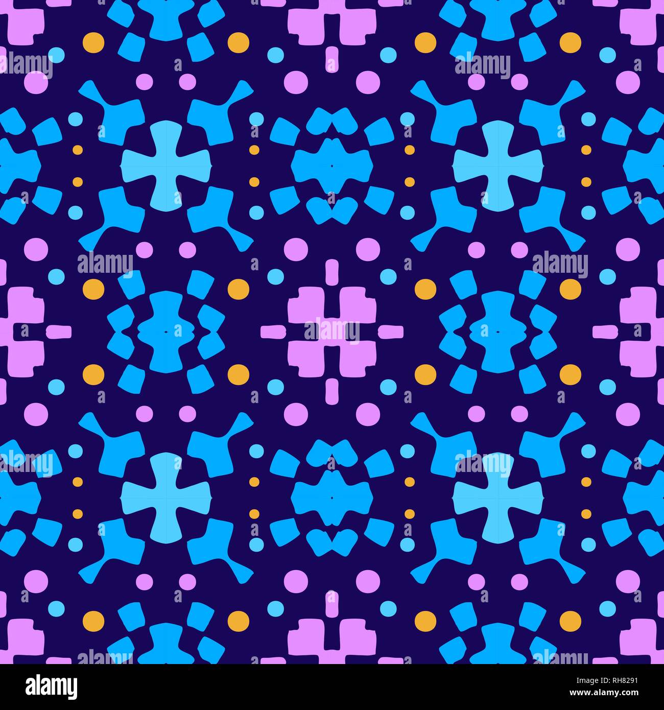 Buntes Kaleidoskop nahtlose Muster mit dekorativen Ornamenten. Zierpflanzen lebendige Hintergrund. Blau, Gelb, Violett Formen und blauem Hintergrund. Stock Vektor