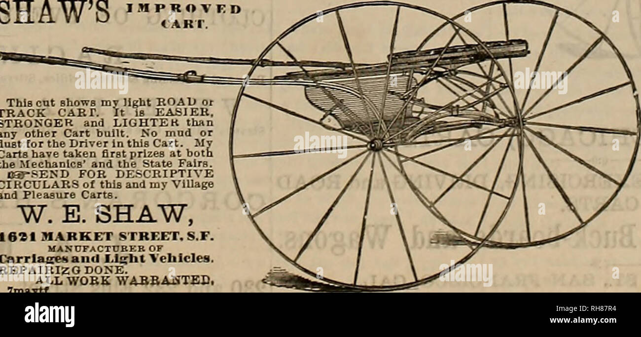 . Züchter und Sportler. Pferde. SHAW'S fllSSff ** Dieser schnitt Bhows mein Licht STRASSE ODER SCHIENE WARENKORB. Es iB zu erleichtern. Stärker und LIGHTEK als jede andere Karre gebaut. Keinen Schlamm oder Staub für den Fahrer In diesem Warenkorb. Meine Karren haben erste Preise bei den Mechanikern' und den Zustand messen. OB-SEND FÜR BESCHREIBENDE CI RCL "LARS und mein Dorf und Vergnügen Karren. W.E. SHAW, 1621 Market Street. S.F. Hersteller von CarrlaseHaml IJslit Fahrzeuge. KEPAIRIZODONE. AU. WOM WABBABTED. 7 m" Jtl. Der Sportlerinnen & Amp; Pleasure-Seekers der Southern Pacific CO. BEBFECTFTJXLY Aufmerksamkeit fordert, zu den erstklassigen Einrichtungen AF Stockfoto