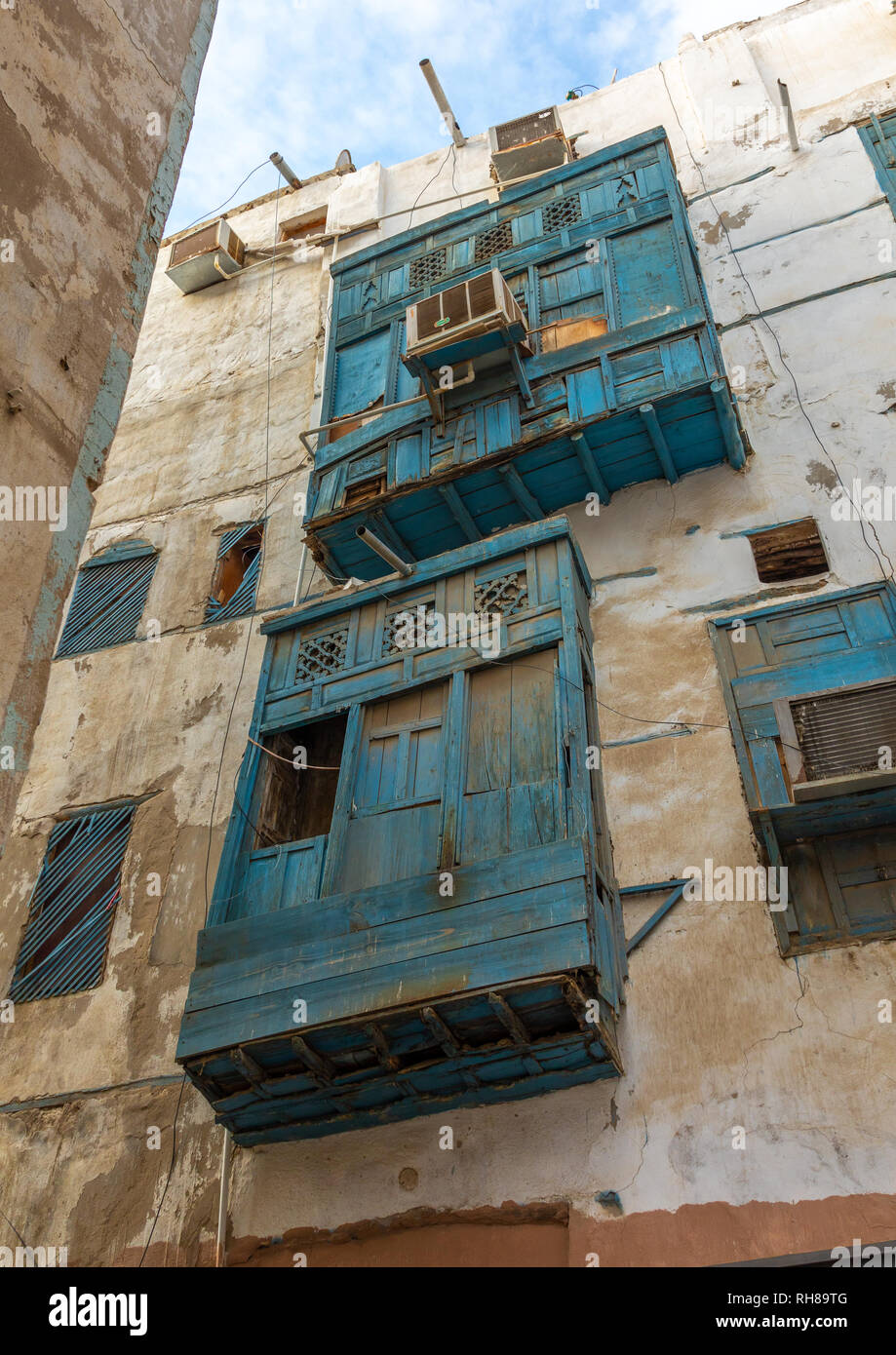 Altes Haus mit Holz- mashrabiya in al-Balad Viertel, Mekka Provinz, Jeddah, Saudi-Arabien Stockfoto