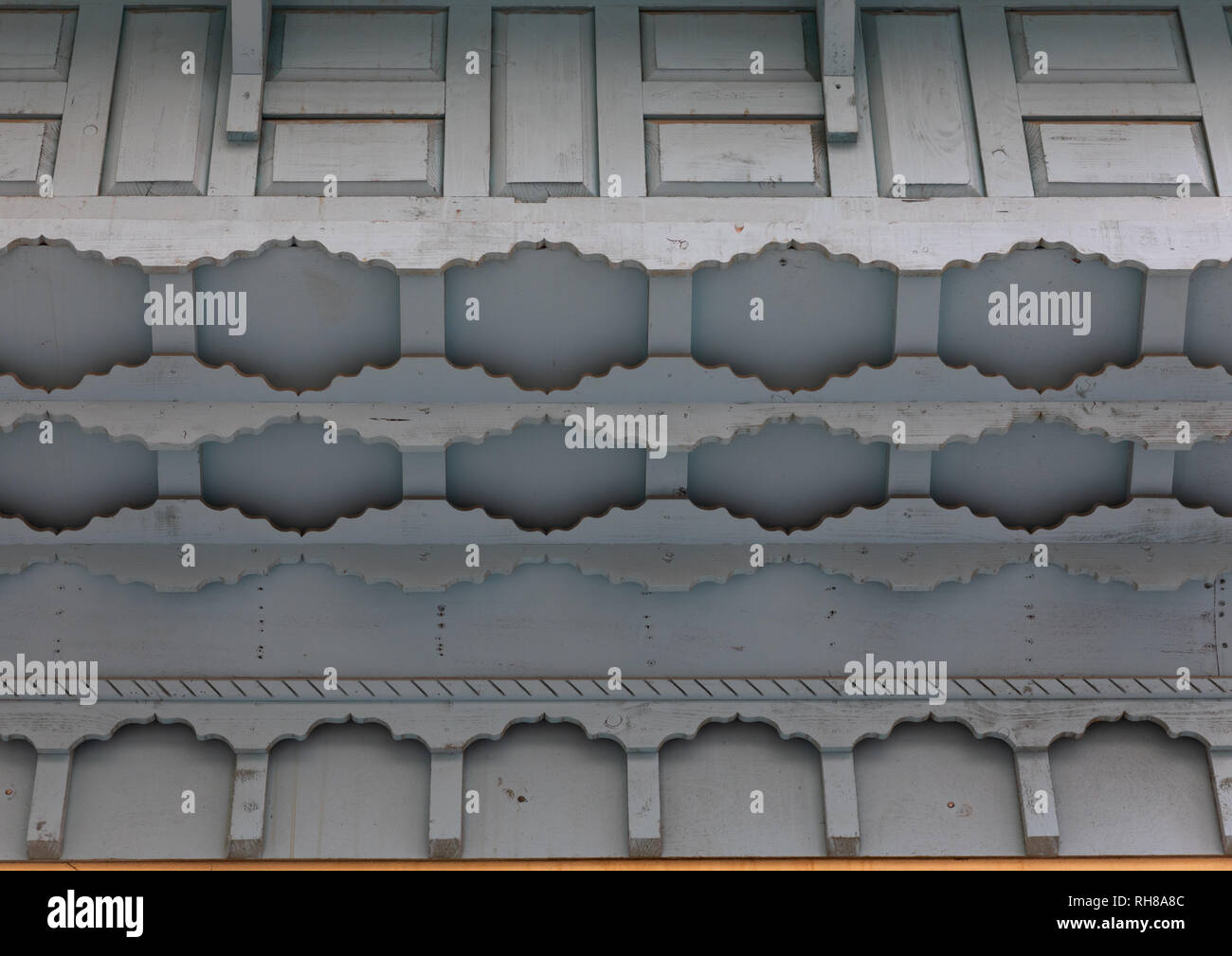 Detail eines hölzernen mashrabiya eines alten Hauses in al-Balad Viertel, Mekka Provinz, Jeddah, Saudi-Arabien Stockfoto