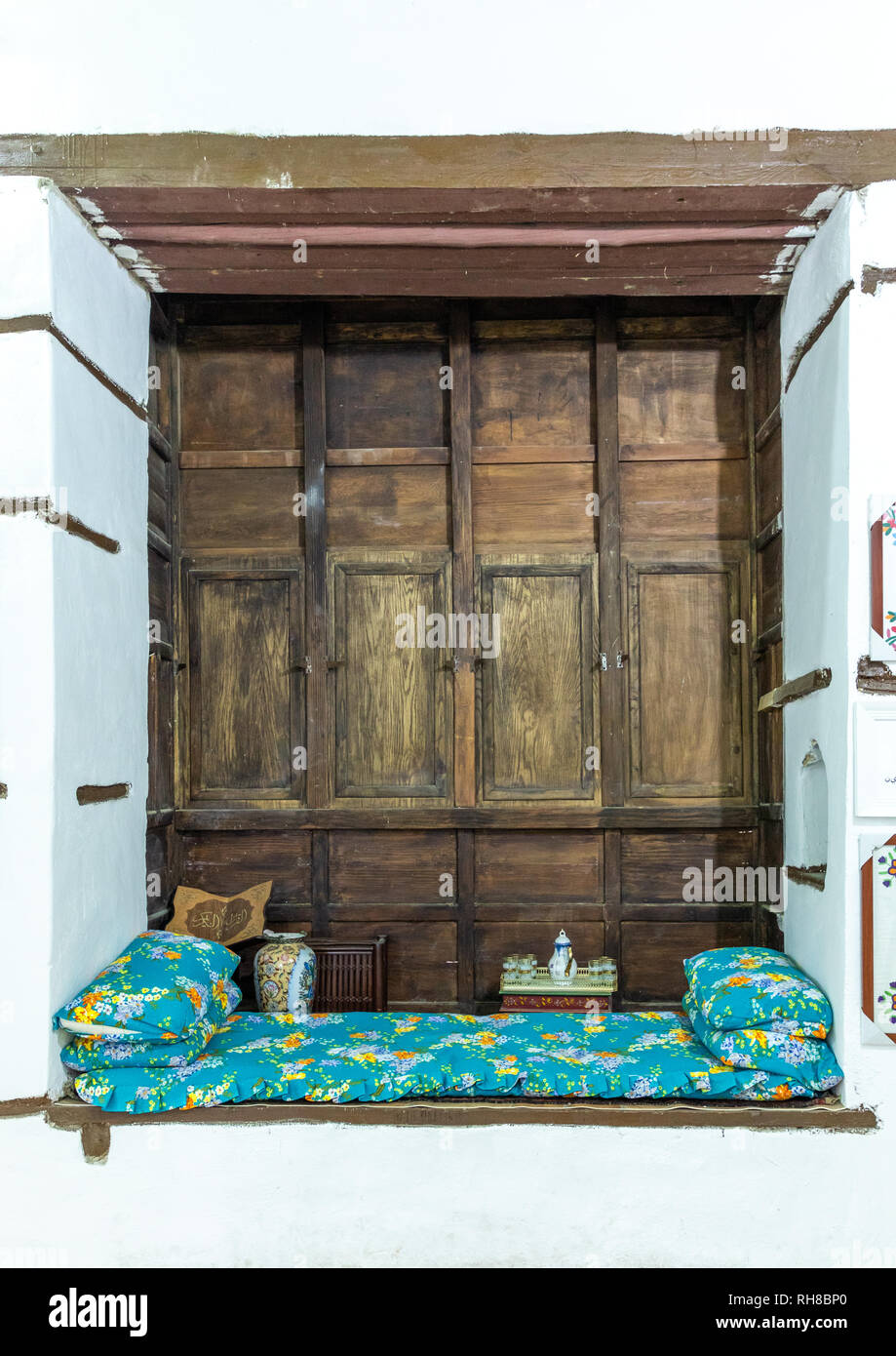 Holz- mashrabiya in Abdullah Matbouli Haus in al-Balad Viertel, Mekka Provinz, Jeddah, Saudi-Arabien Stockfoto