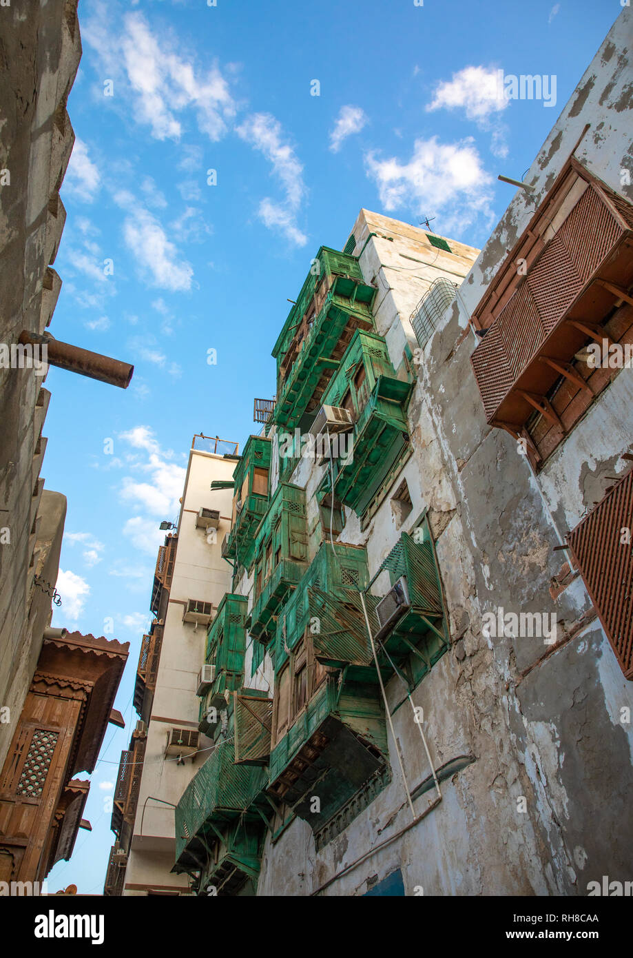 Altes Haus mit Holz- mashrabiya in al-Balad Viertel, Mekka Provinz, Jeddah, Saudi-Arabien Stockfoto