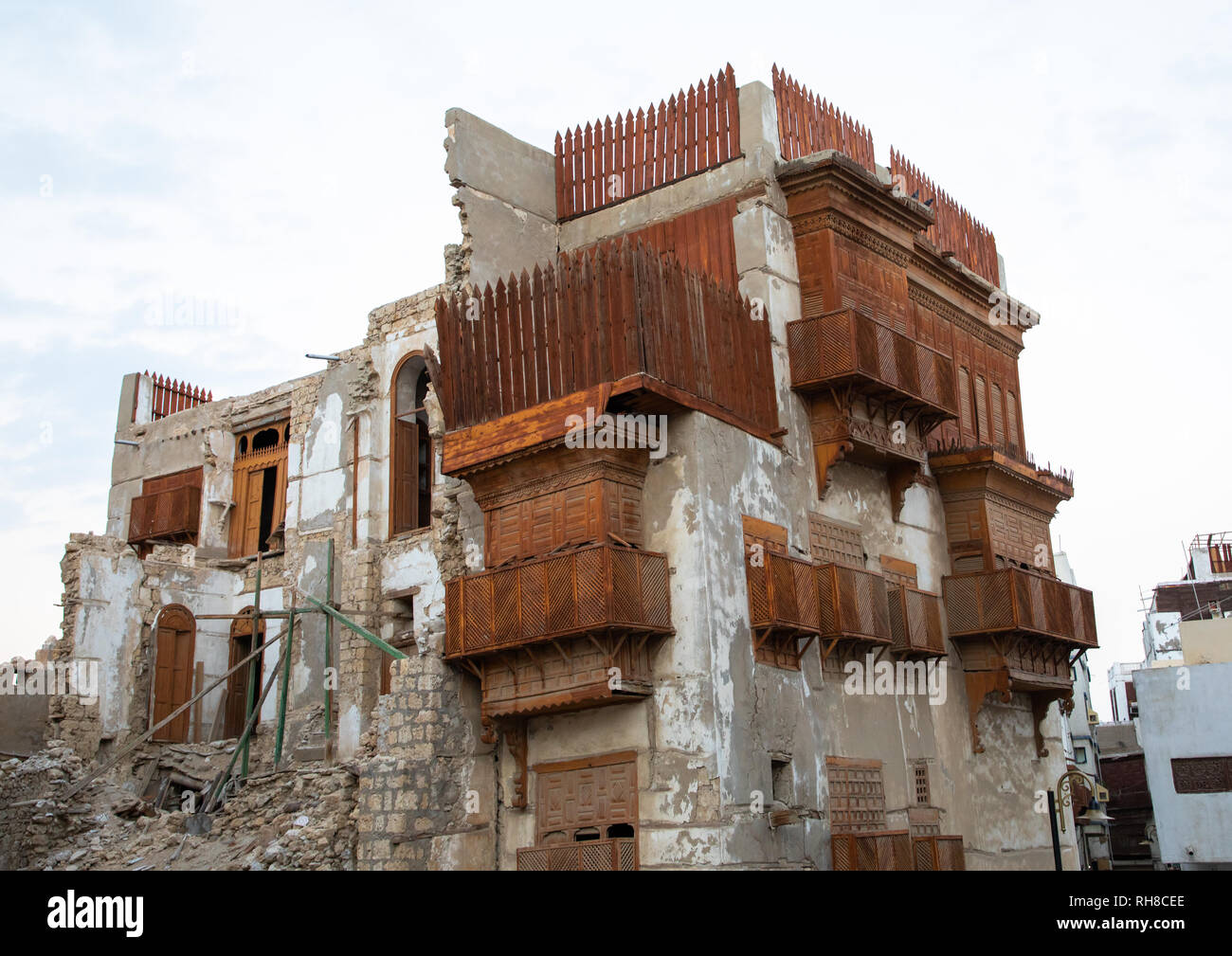 Altes Haus mit Holz- mashrabiya in al-Balad Viertel, Mekka Provinz, Jeddah, Saudi-Arabien Stockfoto