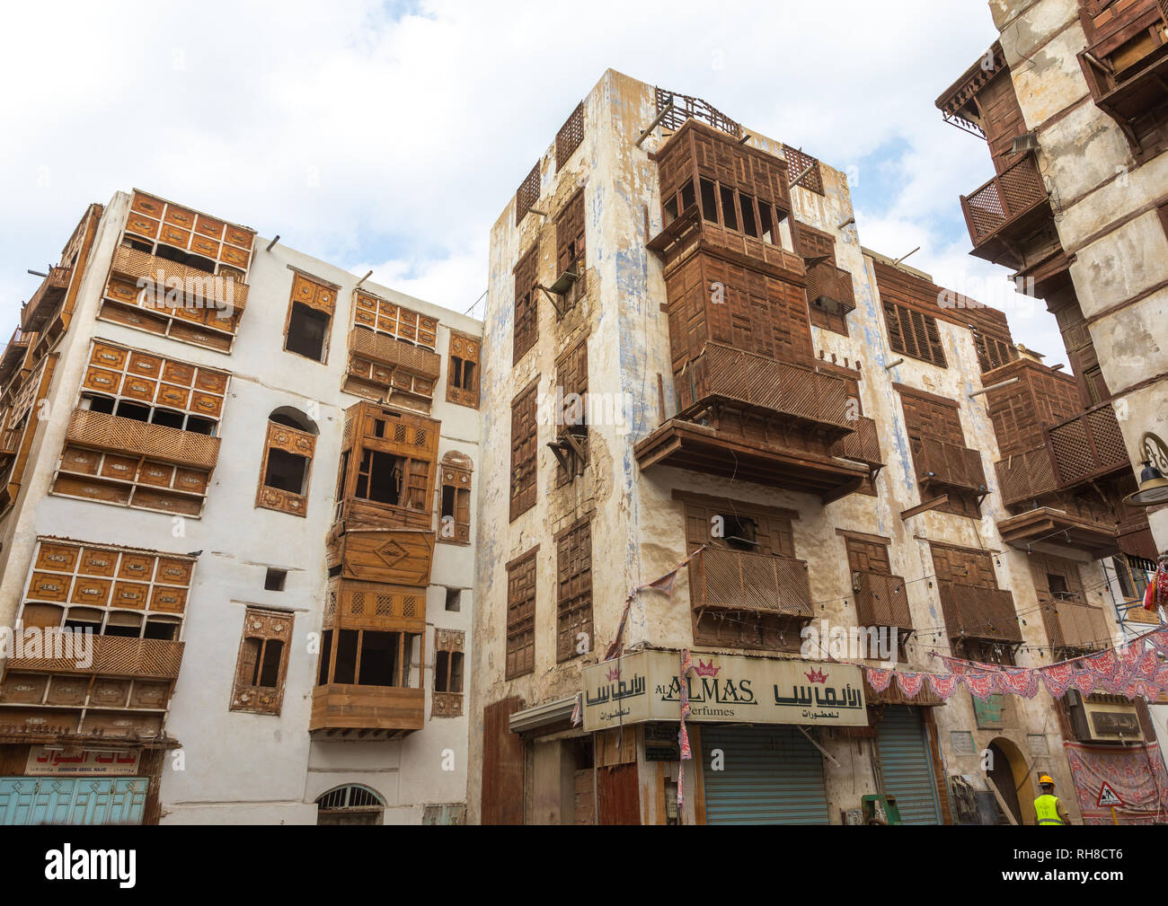 Altes Haus mit Holz- mashrabiya in al-Balad Viertel, Mekka Provinz, Jeddah, Saudi-Arabien Stockfoto