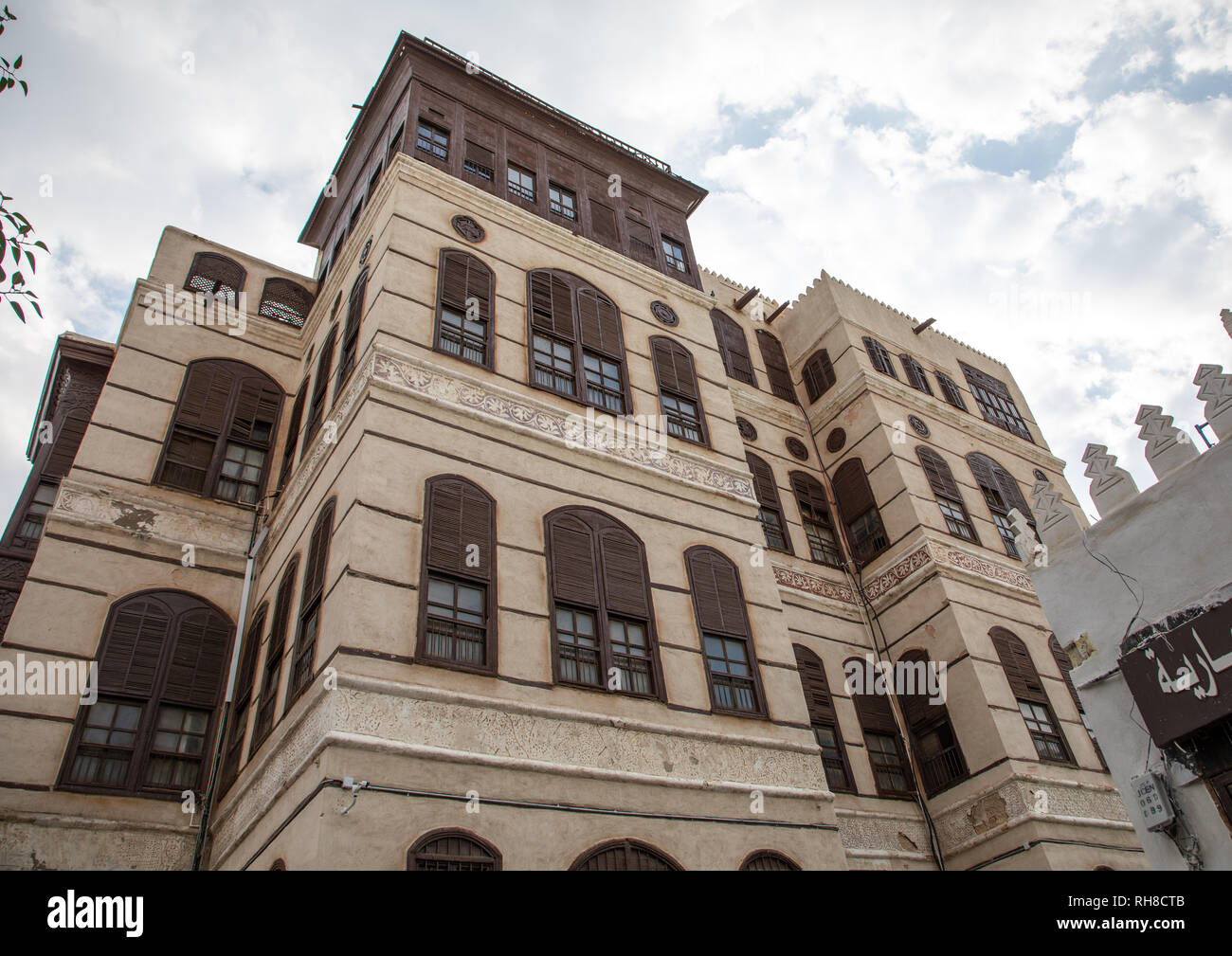 Altes Haus mit Holz- mashrabiya in al-Balad Viertel, Mekka Provinz, Jeddah, Saudi-Arabien Stockfoto
