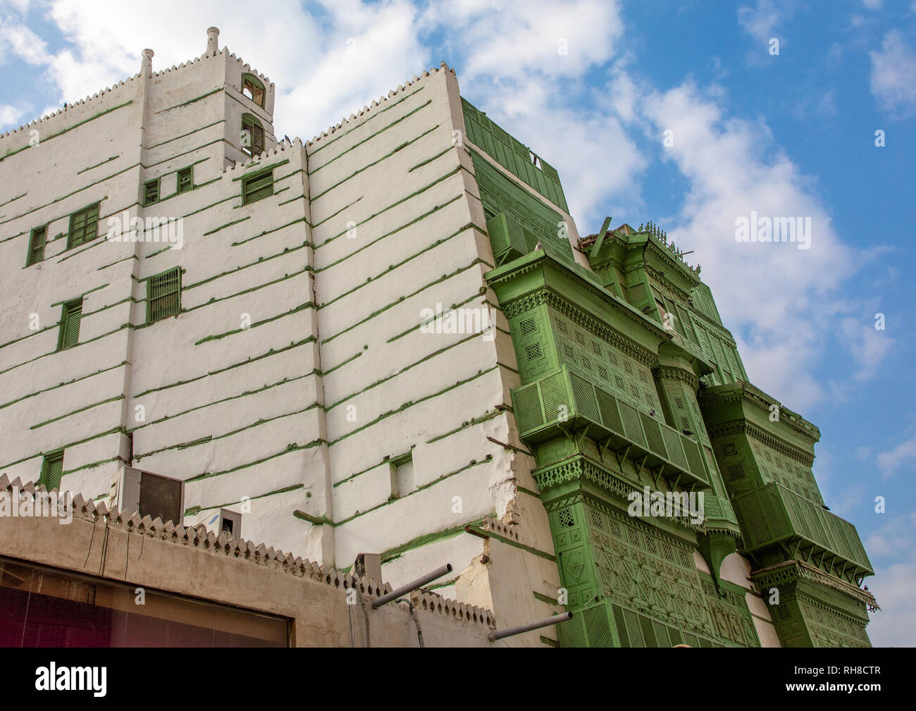 Altes Haus mit Holz- mashrabiya in al-Balad Viertel, Mekka Provinz, Jeddah, Saudi-Arabien Stockfoto