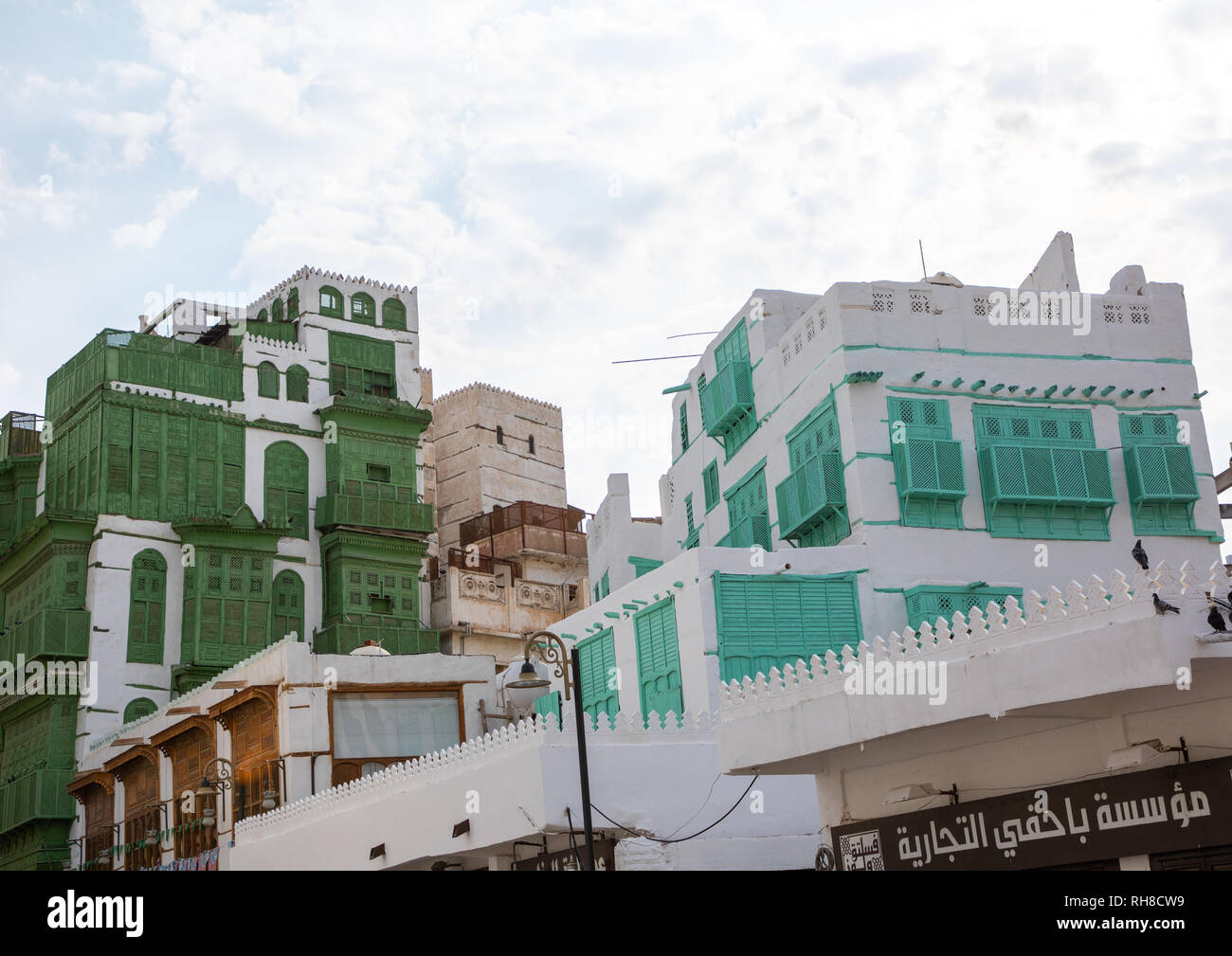 Altes Haus mit Holz- mashrabiya in al-Balad Viertel, Mekka Provinz, Jeddah, Saudi-Arabien Stockfoto