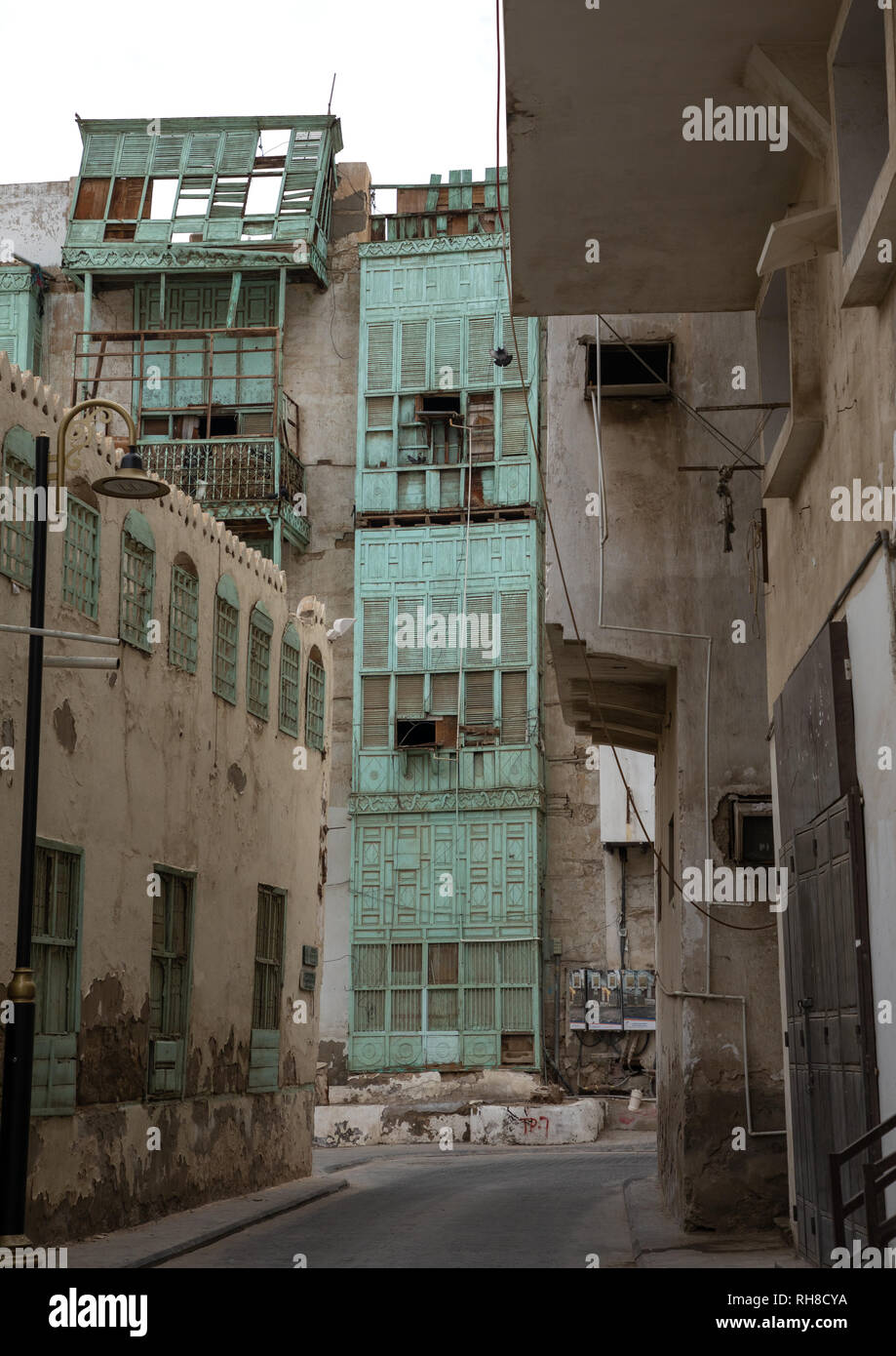 Altes Haus mit Holz- mashrabiya in al-Balad Viertel, Mekka Provinz, Jeddah, Saudi-Arabien Stockfoto