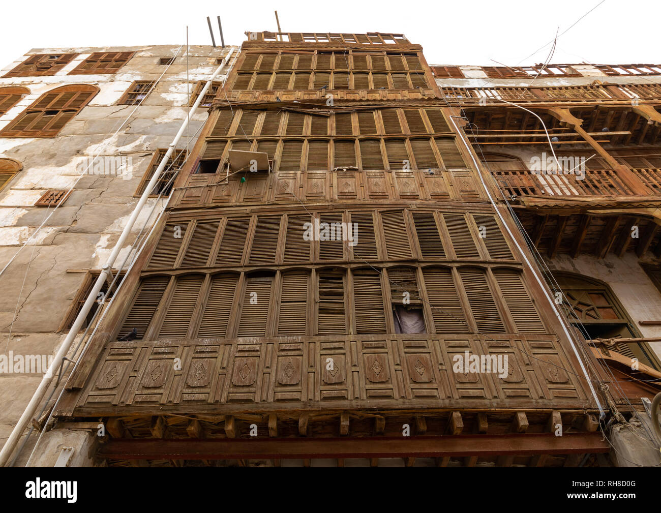 Altes Haus mit Holz- mashrabiya in al-Balad Viertel, Mekka Provinz, Jeddah, Saudi-Arabien Stockfoto