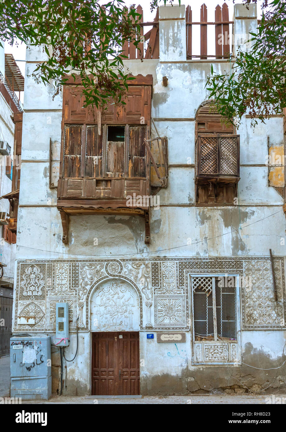 Altes Haus mit Holz- mashrabiya in al-Balad Viertel, Mekka Provinz, Jeddah, Saudi-Arabien Stockfoto