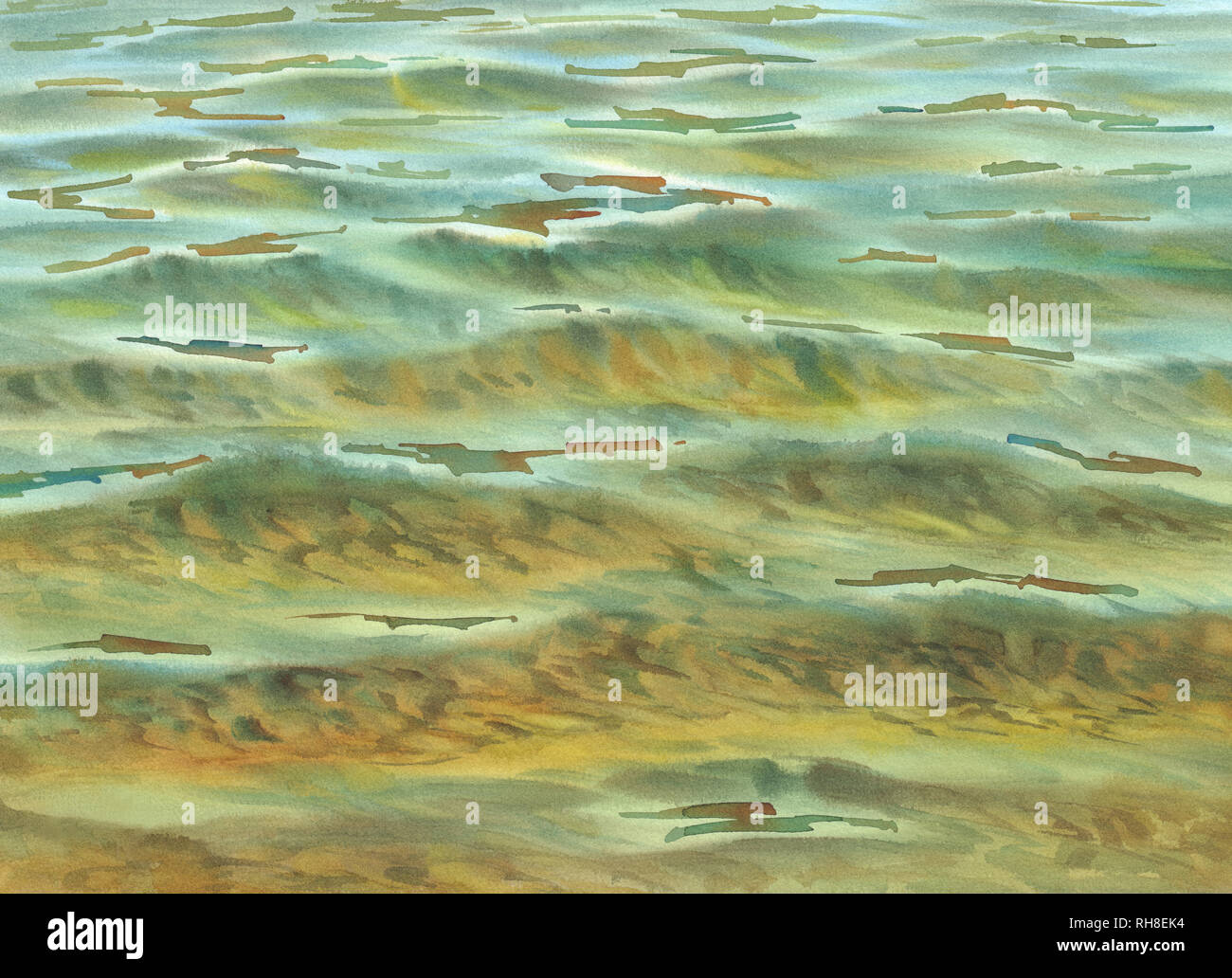 Sonnige Meer mit transparenten Wellen Aquarell Hintergrund Stockfoto