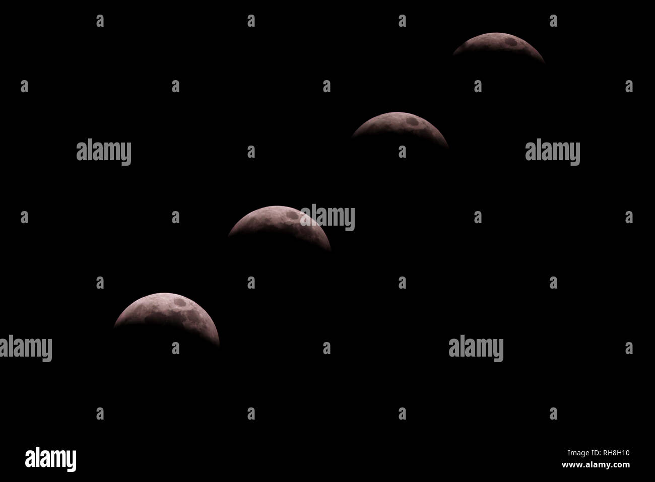 Composite von vier Fotos der Mond während der 2019 Super Blut Wolf Mond Mondfinsternis. Stockfoto