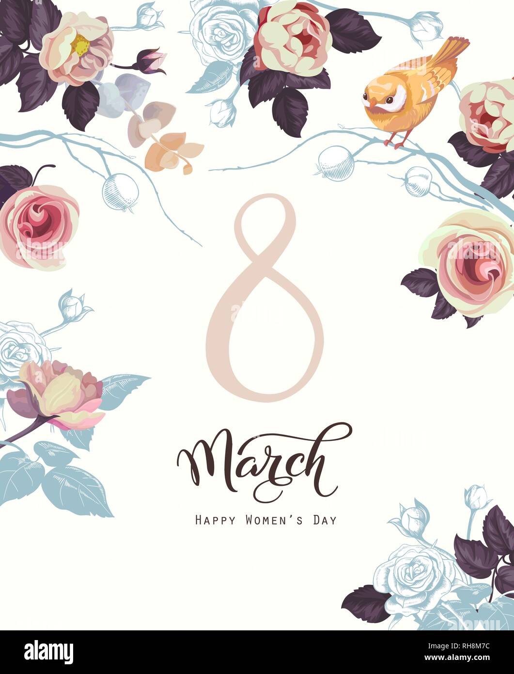 Glücklich 8. März. Internationalen Frauentag Retro Grußkarte. Kalligrafische Worte, die Blumensträuße von Rosen und Vogel umgeben. Vector Illustration für Stock Vektor
