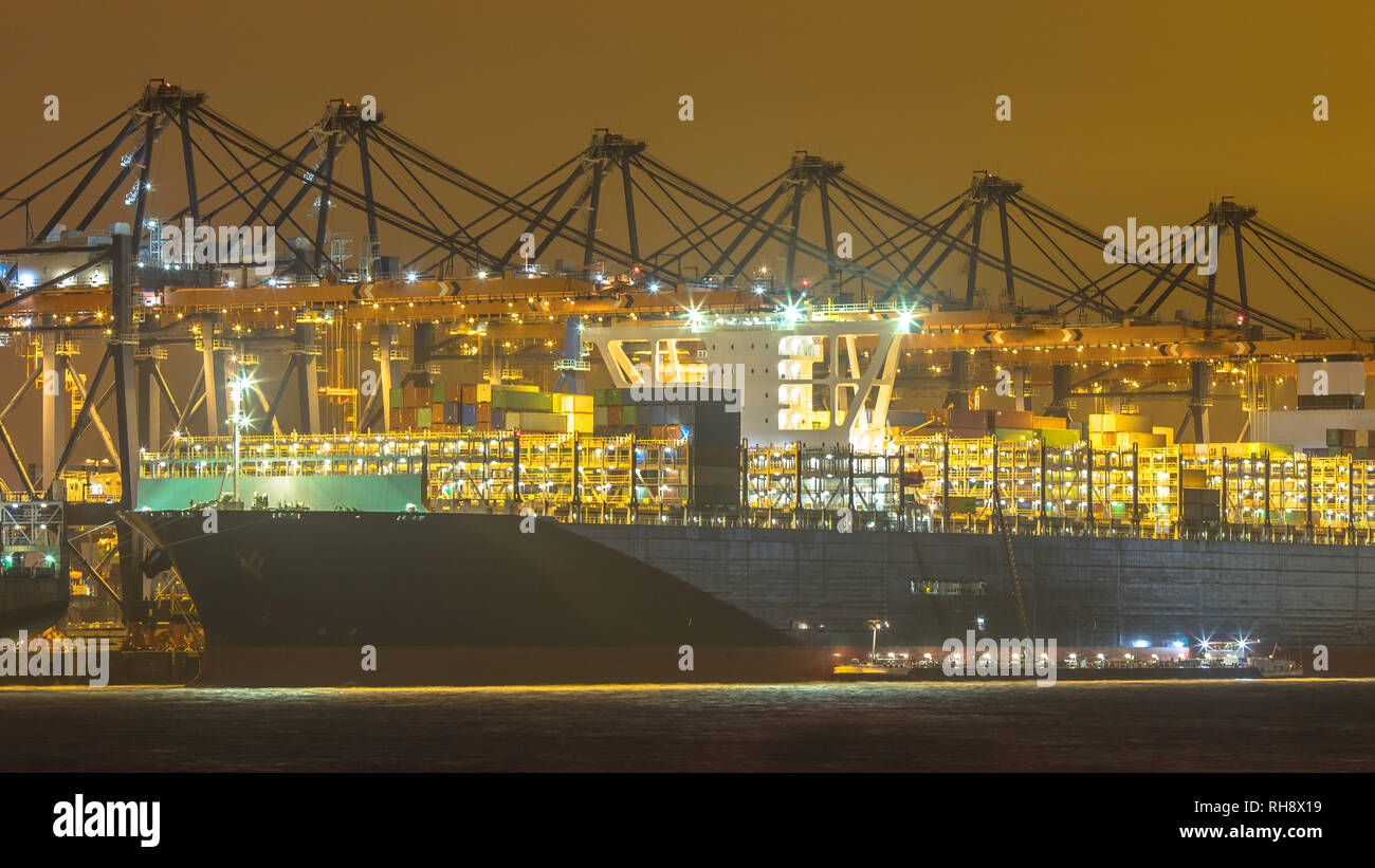 Beleuchtete Cargo Carrier Schiff verladen und in der Nacht in Rotterdam Maasvlakte Container Terminal in der Dunkelheit betankt. Die Niederlande Stockfoto