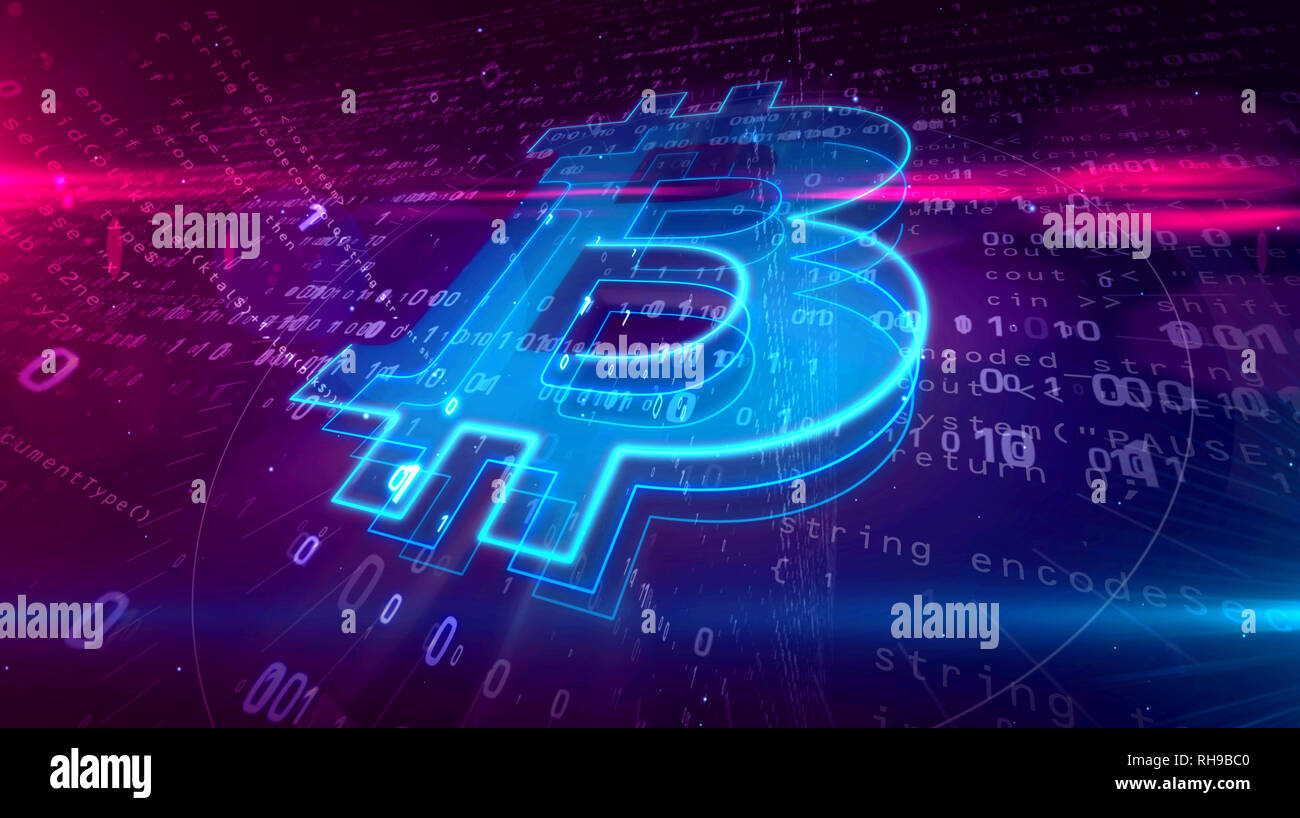 Cyber Geschäfts- und cryptocurrency Symbol auf digitalen Hintergrund. Bitcoin logo abstrakte Konzept 3D-Abbildung. Stockfoto