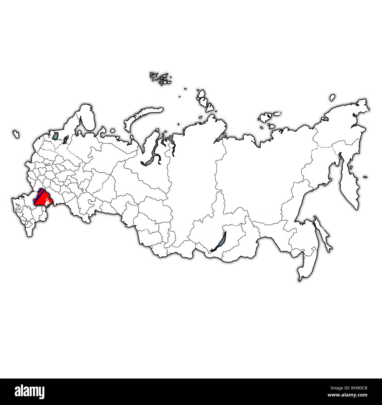 Emblem der Oblast Wolgograd auf Karte mit administrativen Abteilungen und Grenzen Russlands Stockfoto