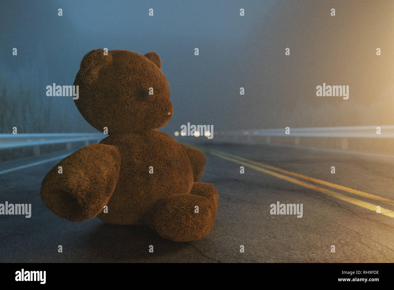 3D-Rendering der abgebrochenen Teddybär, der auf der Autobahn sitzen und warten in der Nacht Stockfoto
