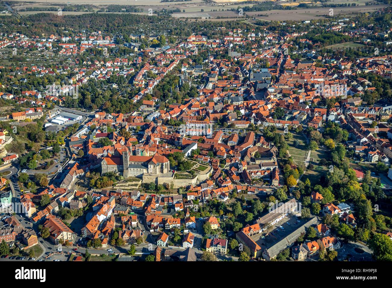 Luftaufnahme, Blick von Quedlinburg, Sachsen-Anhalt, Deutschland Stockfoto