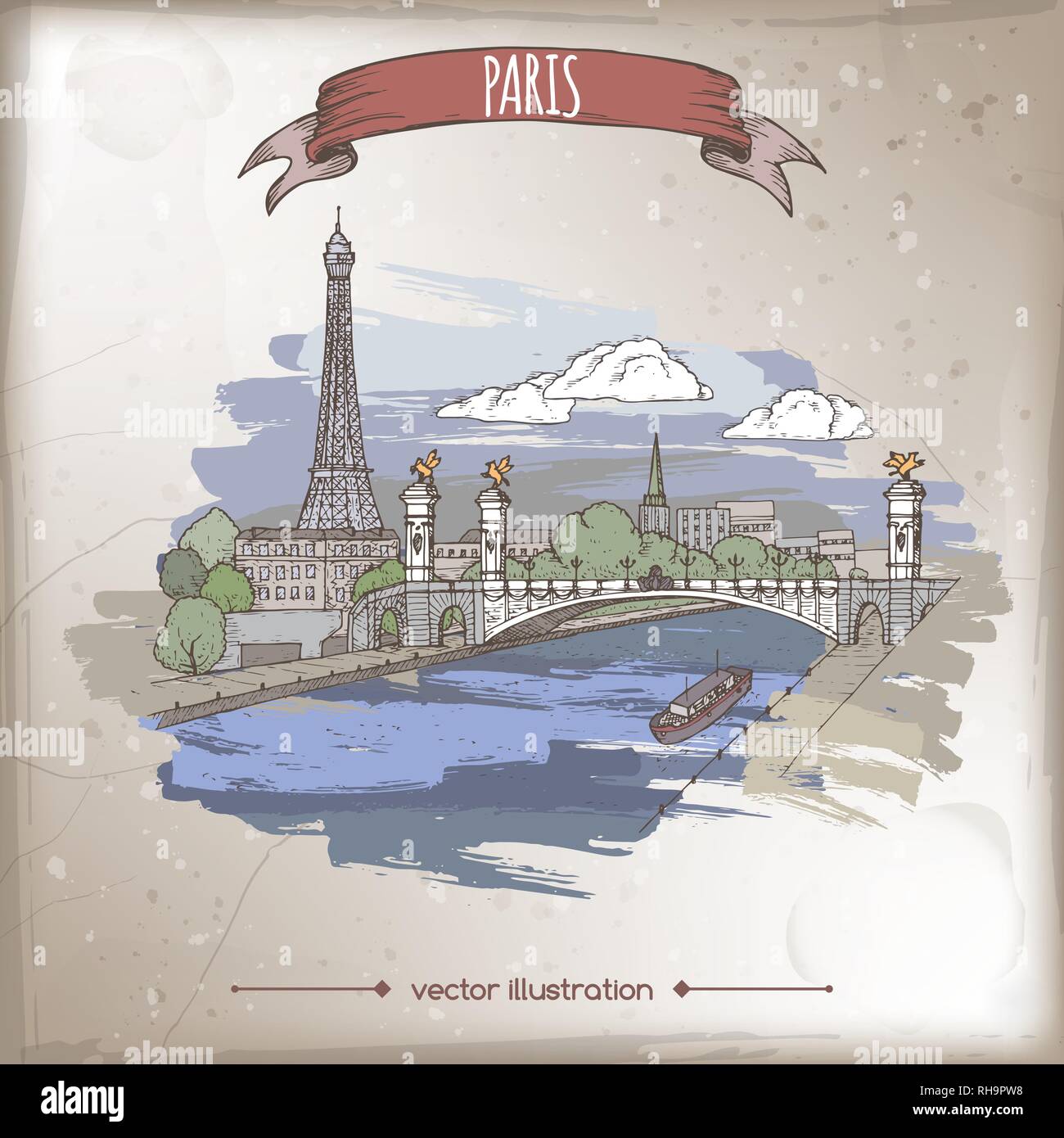 Vintage Color Travel Abbildung mit Eiffelturm und Pont Alexandre Brücke in Paris, Frankreich. Hand gezeichnete Skizze. Stock Vektor