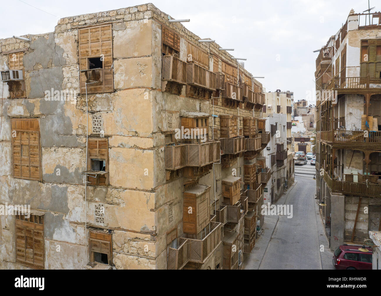 Luftbild der alten Häuser mit hölzernen mashrabiyas in al-Balad Viertel, Mekka Provinz, Jeddah, Saudi-Arabien Stockfoto