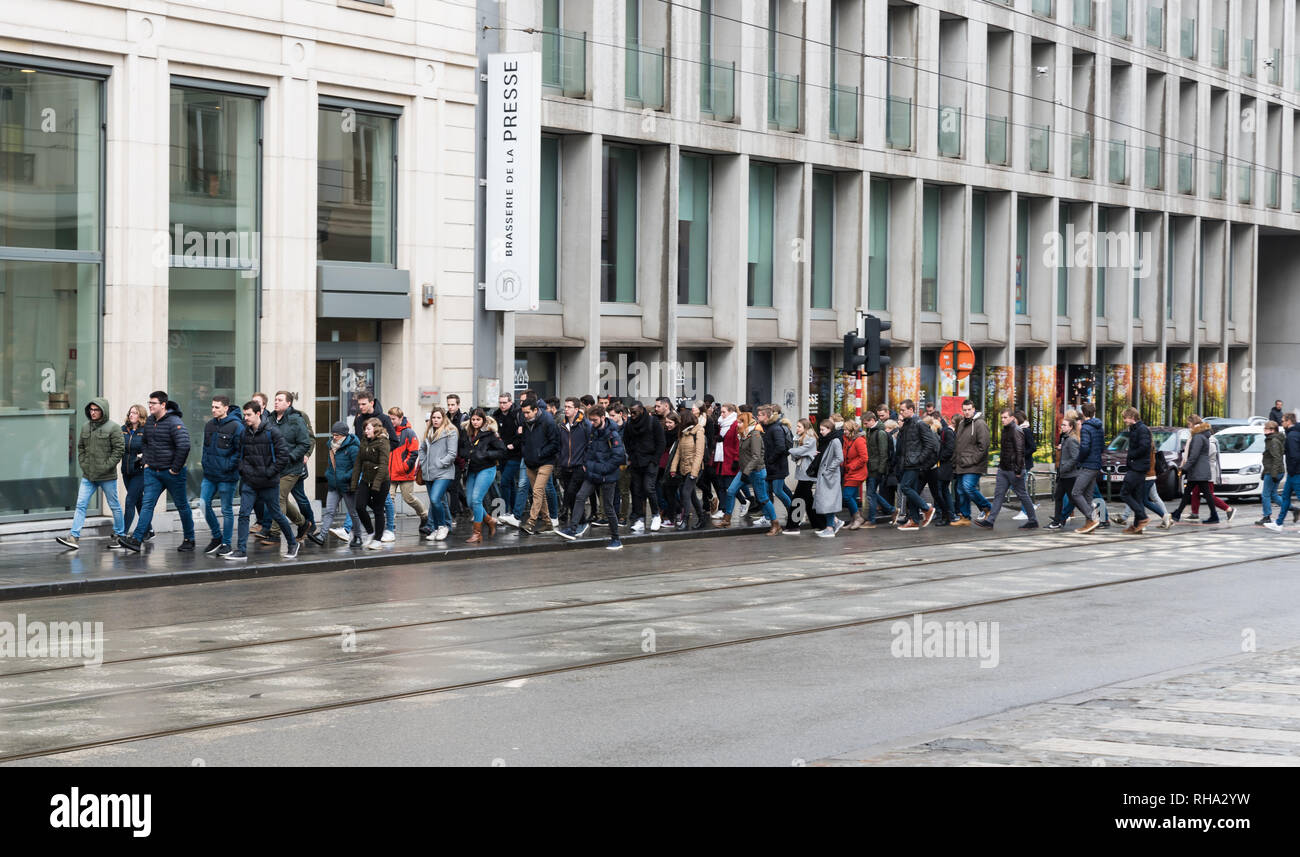 Brüssel, Belgien - 02 01 2019: große Gruppe von Wissenschaftlern, die Überquerung der Royal Street für eine Klassenfahrt Stockfoto