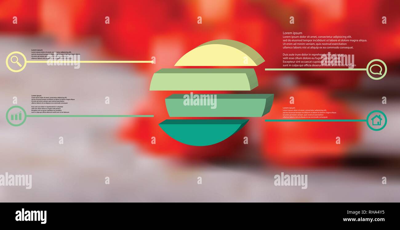 3D-Illustration Infografik Vorlage. Die geprägte Ring ist auf vier Farbe verschoben Teile gegliedert. Objekt ist auf verschwommenes Foto Hintergrund angeordnet. Farbe Stock Vektor