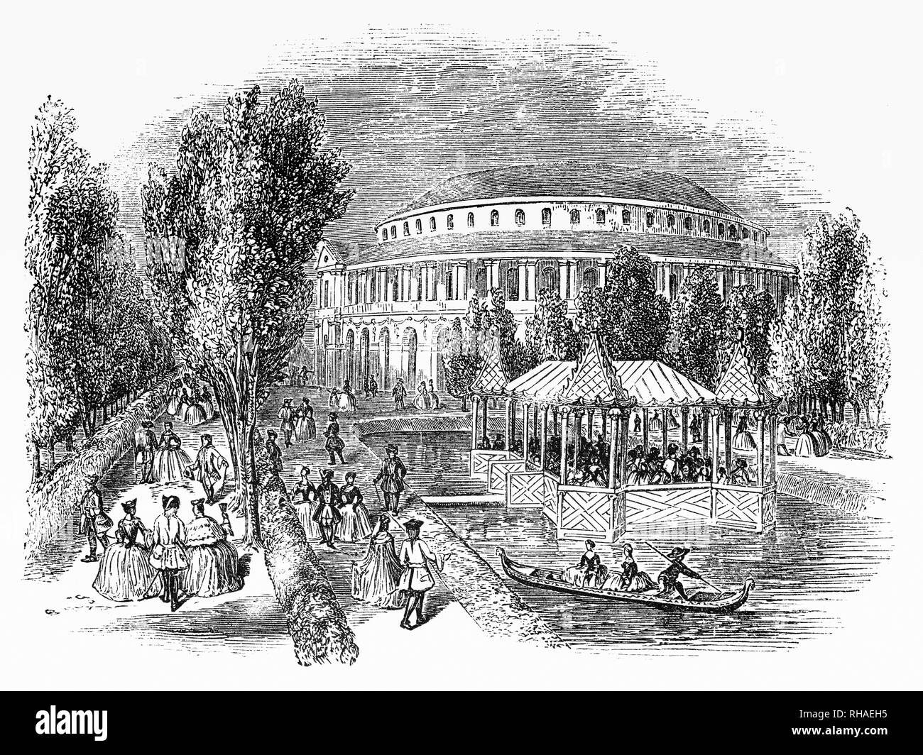 Ranelagh Gärten waren 18. Jahrhundert öffentlichen Gärten in Chelsea gelegen, und nur außerhalb von London, England. Im Jahre 1742, das Haus und das Grundstück waren für die Öffentlichkeit geöffnet. Das Herzstück war ein Rokoko Rundbau, von William Jones, ein Gutachter der East India Company, ein wichtiger Ort für Konzerte in 1765, den 9-jährigen Mozart es durchgeführt. Es gibt auch einen Chinesischen Pavillon, die im Jahre 1750 hinzugefügt wurde, einen zierteich und verschiedene Wanderungen. Es ist jetzt Teil des Geländes von Chelsea Hospital und dem Standort der jährlichen Chelsea Flower Show. Stockfoto