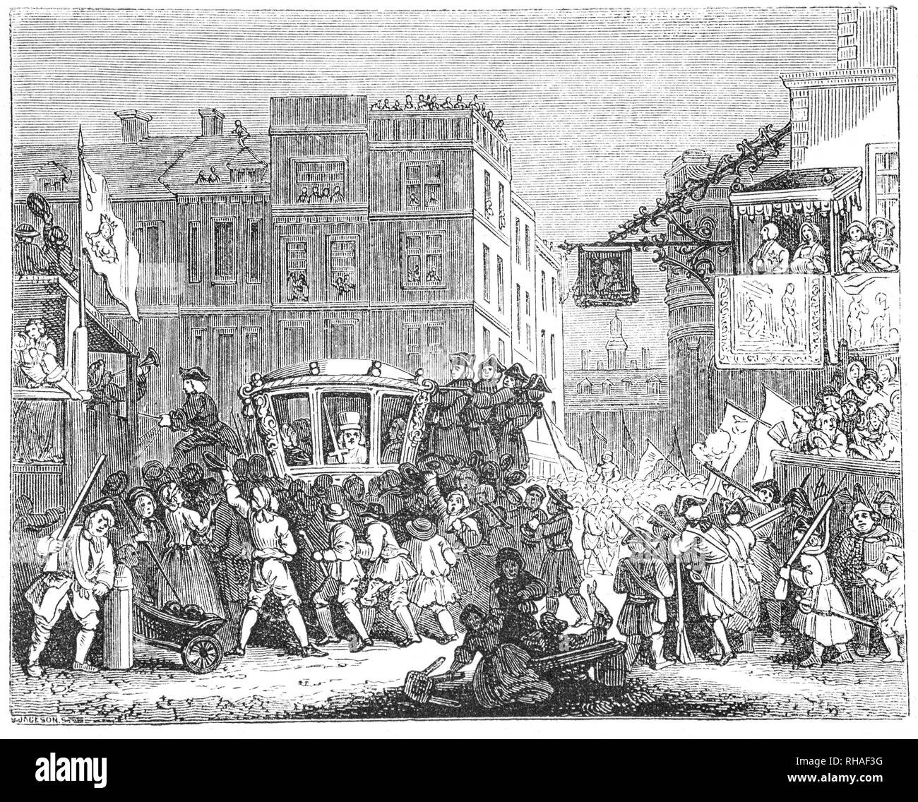 18. Jahrhundert London, am Tag nach dem Amtsantritt geschworen, der Oberbürgermeister führt eine Prozession von der City von London bis zur Royal Courts of Justice in Westminster, wo der Herr Bürgermeister schwört Treue zur Krone, eine jährliche Veranstaltung, die als 'Oberbürgermeister' bekannt wurde. Der Herr Bürgermeister reist in den Trainer der Stadt, das im Jahre 1757 zu einem Preis von £ 1,065.0 s gebaut wurde. 3d. Stockfoto