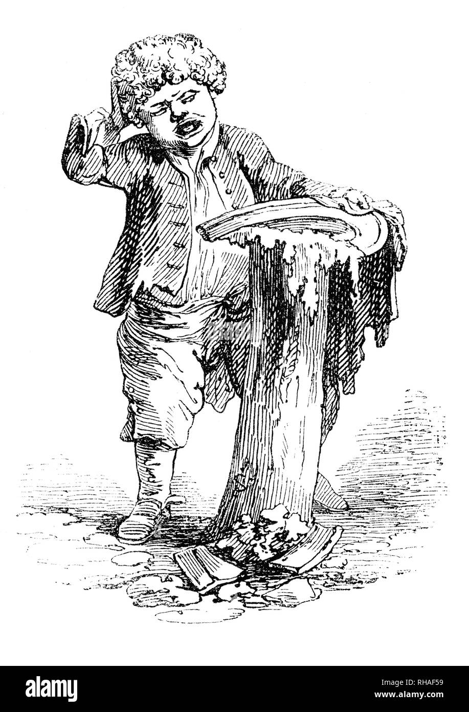 Von William Hogarth's vier Mal am Tag, Mittag, ein Junge hat seinen Kuchen zu erholen, aber die Platte hat gebrochen, verschütten den Kuchen auf den Boden. Funktionen des Jungen sind in Anlehnung an die eines Kindes im Vordergrund der ersten Poussin's Version von der Raub der Sabinerinnen, der Junge weint über seine verlorene Pie war offenbar skizziert von Hogarth, nachdem er die Szene einen Tag erlebt, während Er rasiert werden. Stockfoto