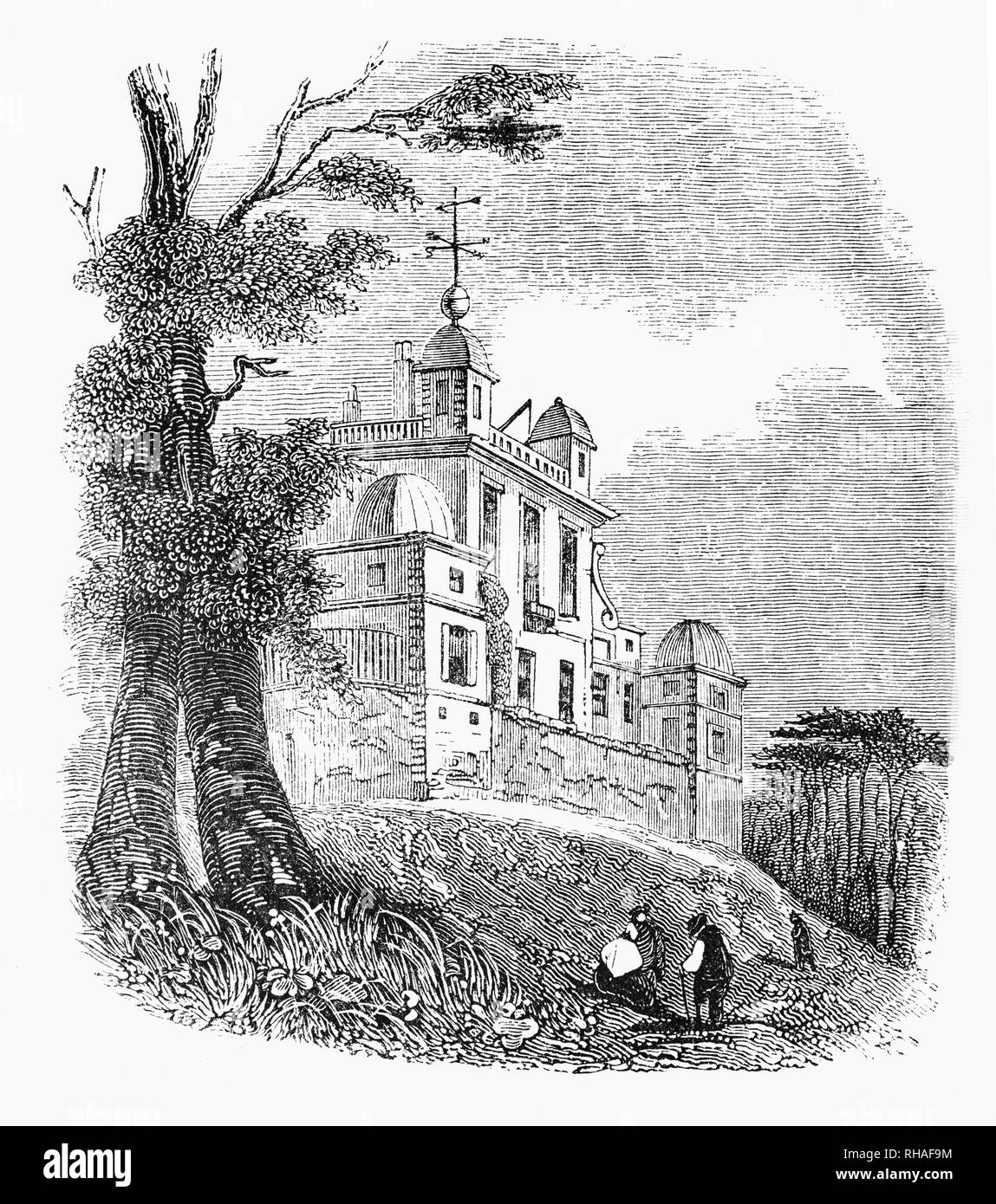 Das Royal Observatory, ist eine Sternwarte auf einem Hügel im Greenwich Park gelegen, mit Blick auf die Themse. Es spielte eine wichtige Rolle in der Geschichte der Astronomie und Navigation und ist am besten für die Tatsache, dass der Nullmeridian durchläuft, und damit seinen Namen gab, Greenwich Mean Time bekannt. Die Sternwarte wurde im Jahre 1675 von König Karl II. in Auftrag gegeben, auf einer Website, die von Sir Christopher Wren. Damals schuf der König auch die Stellung der Astronom Royal, die Ernennung von John Flamsteed als erster Astronom Royal. Stockfoto