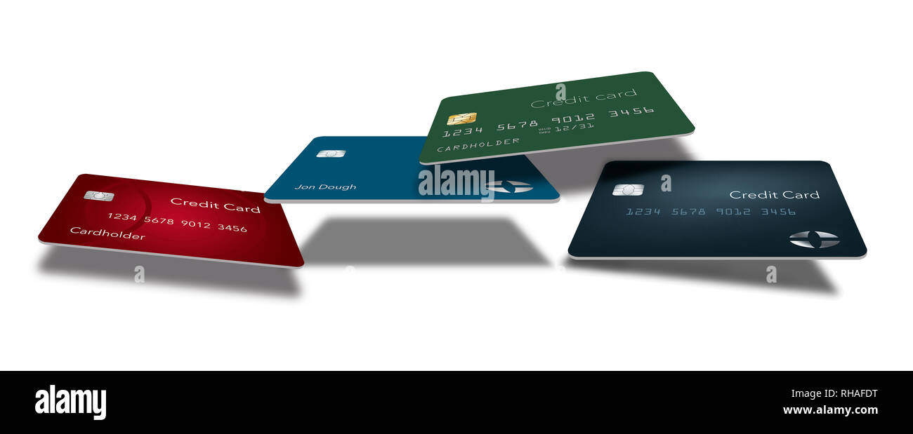 Kreditkarten schweben über einer Tischplatte in diesem Bild, das für die Darstellung jeder Artikel über Kreditkarten und Finanzen gut ist. Dies ist ein illustrati Stockfoto