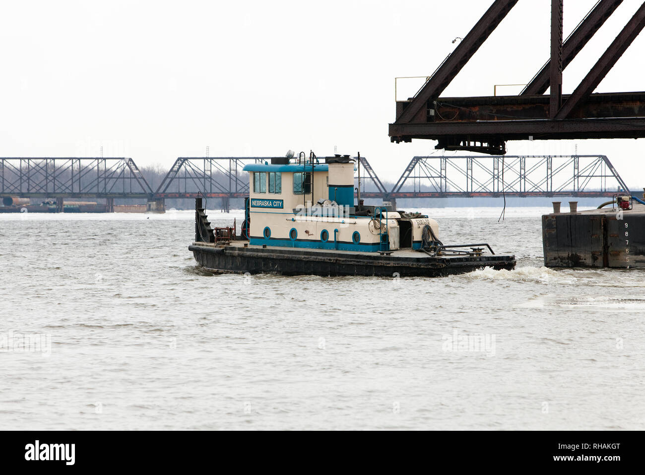 Bau der BNSF Vertikallift Eisenbahnbrücke zwischen Burlington, Iowa und Gulfport, Mississippi. Stockfoto