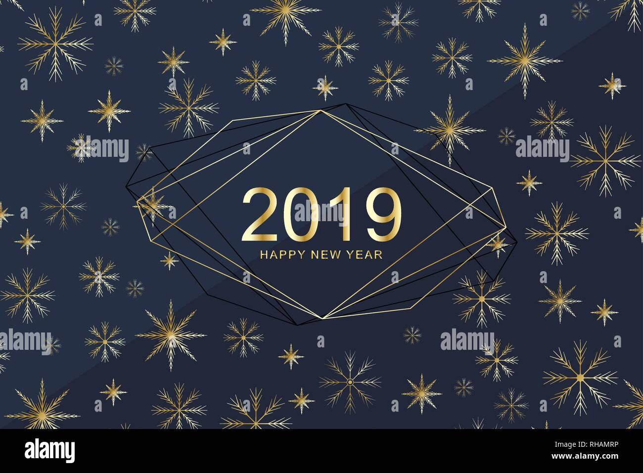 Frohe Weihnachten und ein glückliches Neues Jahr 2019 Grußkarten mit goldenen Schneeflocken. Frohes neues Jahr 2019. Urlaub Grußkarte vektor Vorlage für Poster Stock Vektor