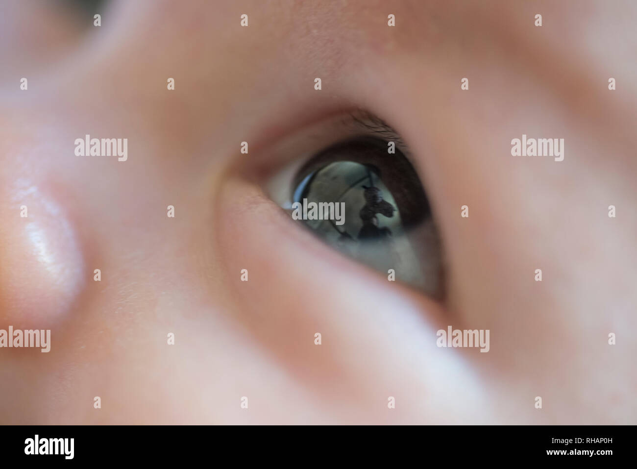 Close-up auf Baby Auge beim Blick auf ein Spielzeug. Die Augen weit geöffnet. Stockfoto