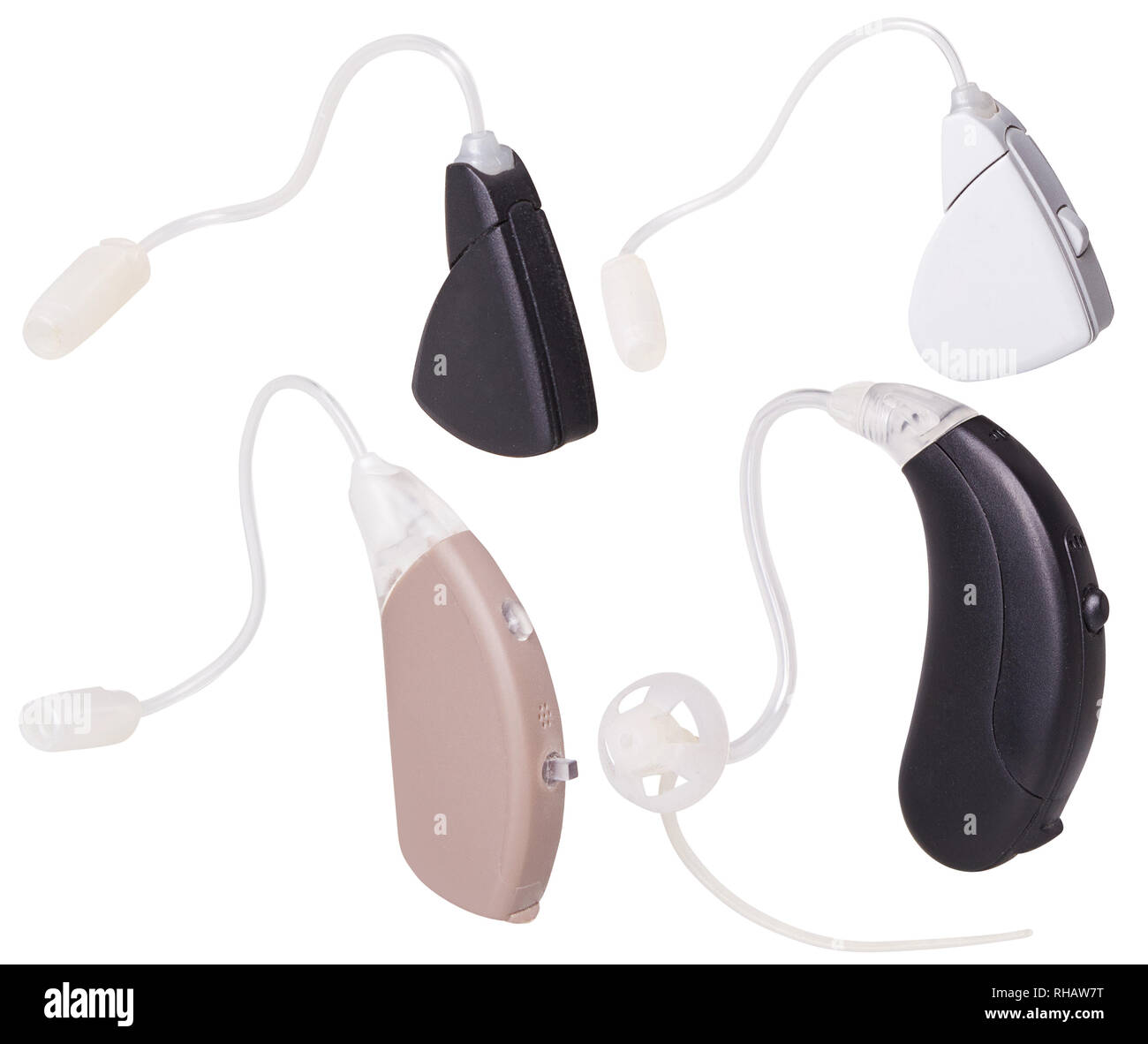 Moderne Hörgeräte auf weißem Hintergrund, Alternative zu Chirurgie Stockfoto