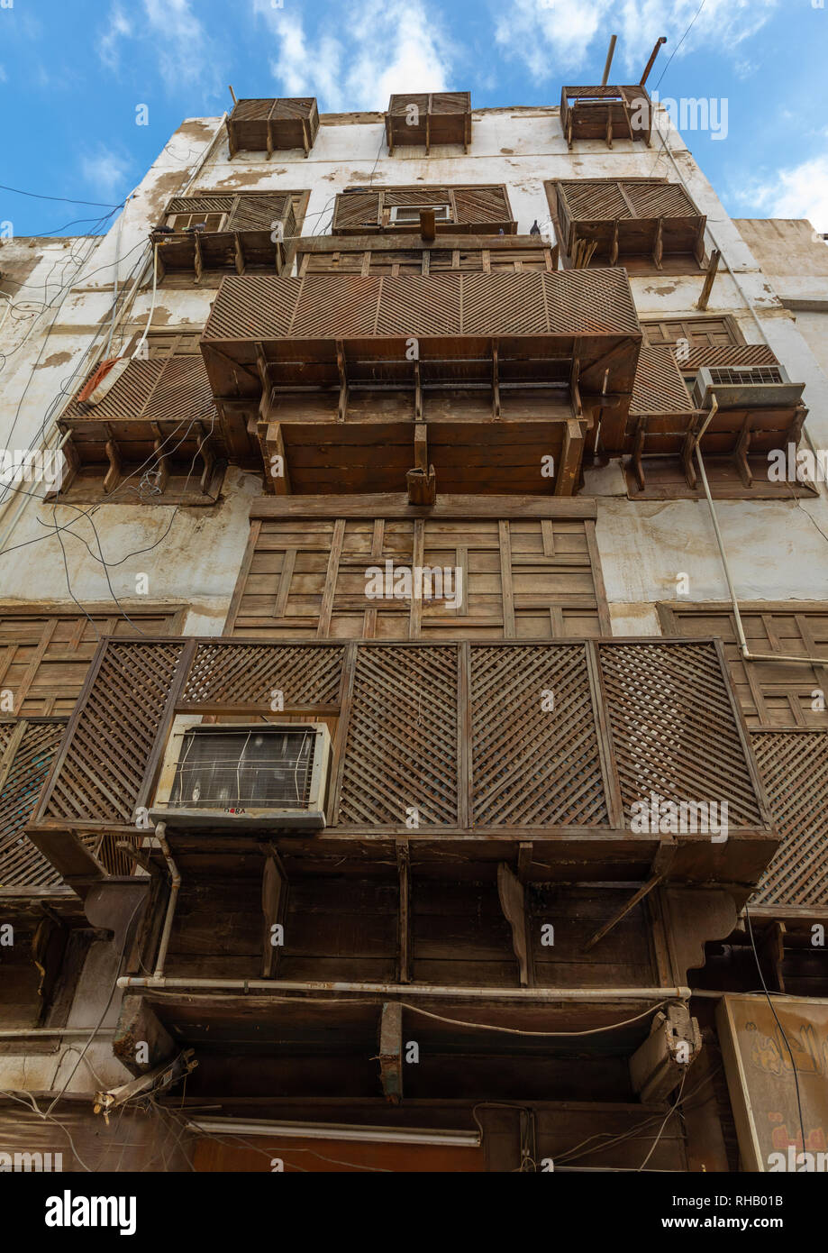 Altes Haus mit Holz- mashrabiya in al-Balad Viertel, Mekka Provinz, Jeddah, Saudi-Arabien Stockfoto