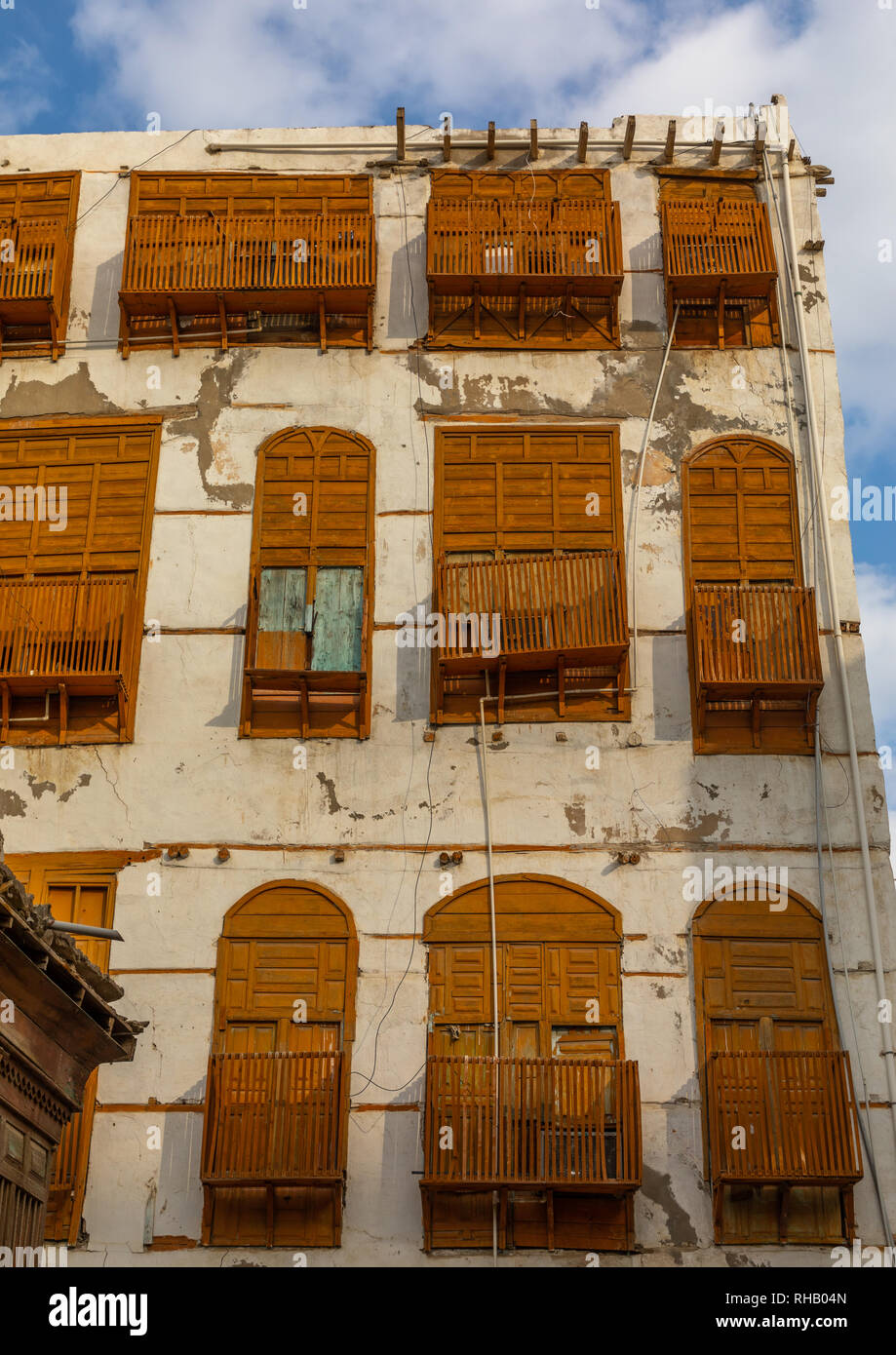Altes Haus mit Holz- mashrabiya in al-Balad Viertel, Mekka Provinz, Jeddah, Saudi-Arabien Stockfoto