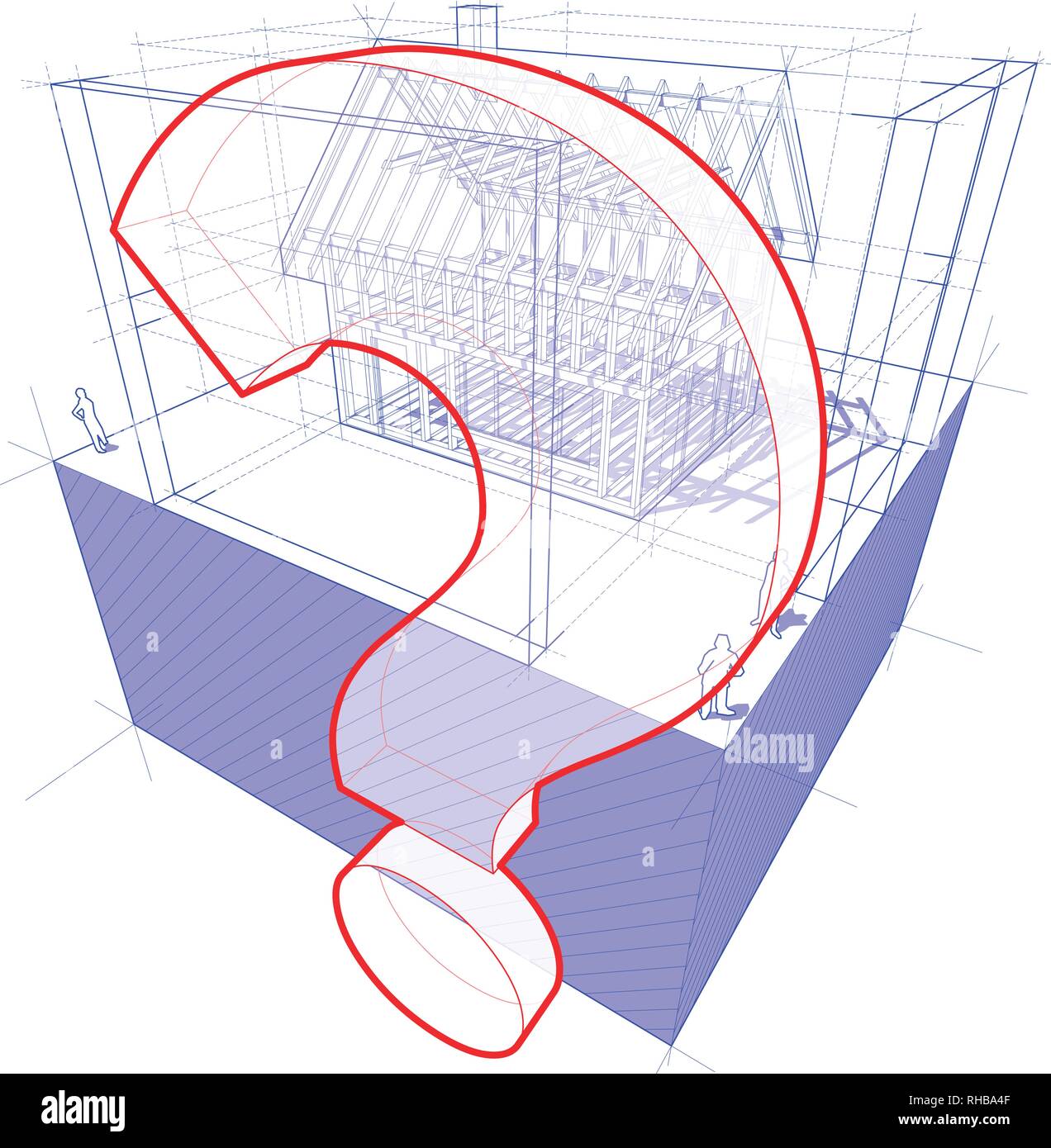 3d-Abbildung: Schematische Darstellung eines Rahmens der Bau eines Einfamilienhauses mit 3D-Bemaßungen und Fragezeichen Stock Vektor