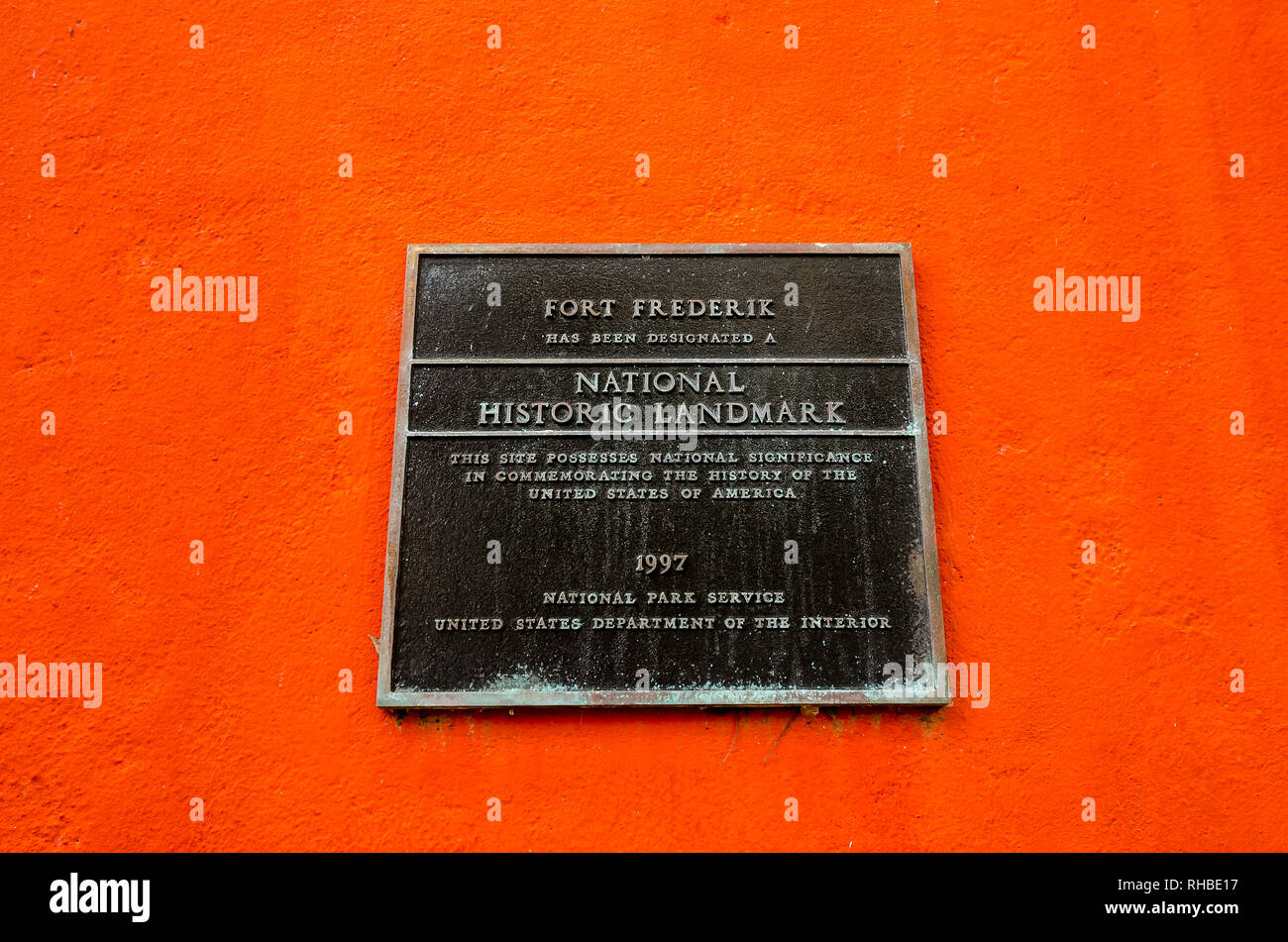 Fort Frederik National Historic Landmark schild Plakette in Frederiksted, St. Croix, US Virgin Islands, Stockfoto