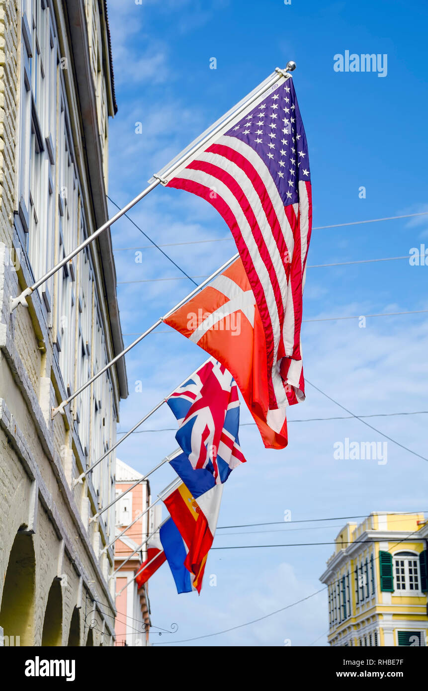 Sieben Flaggen über Saint Croix Christiansted U.S. Virgin Islands Stockfoto